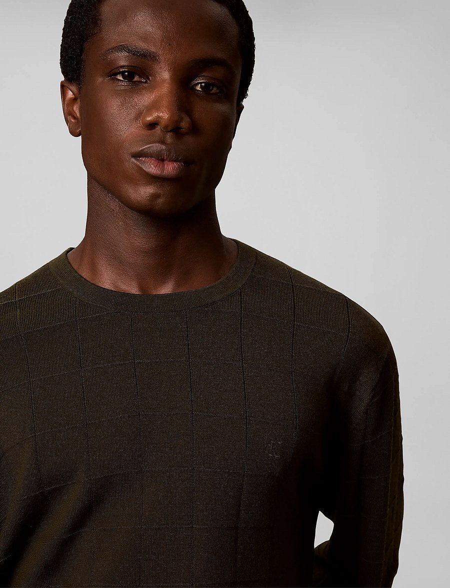 Calvin Klein - LS 100% MERINO TEXTURED GRID CRE - round necks - olive night - 4