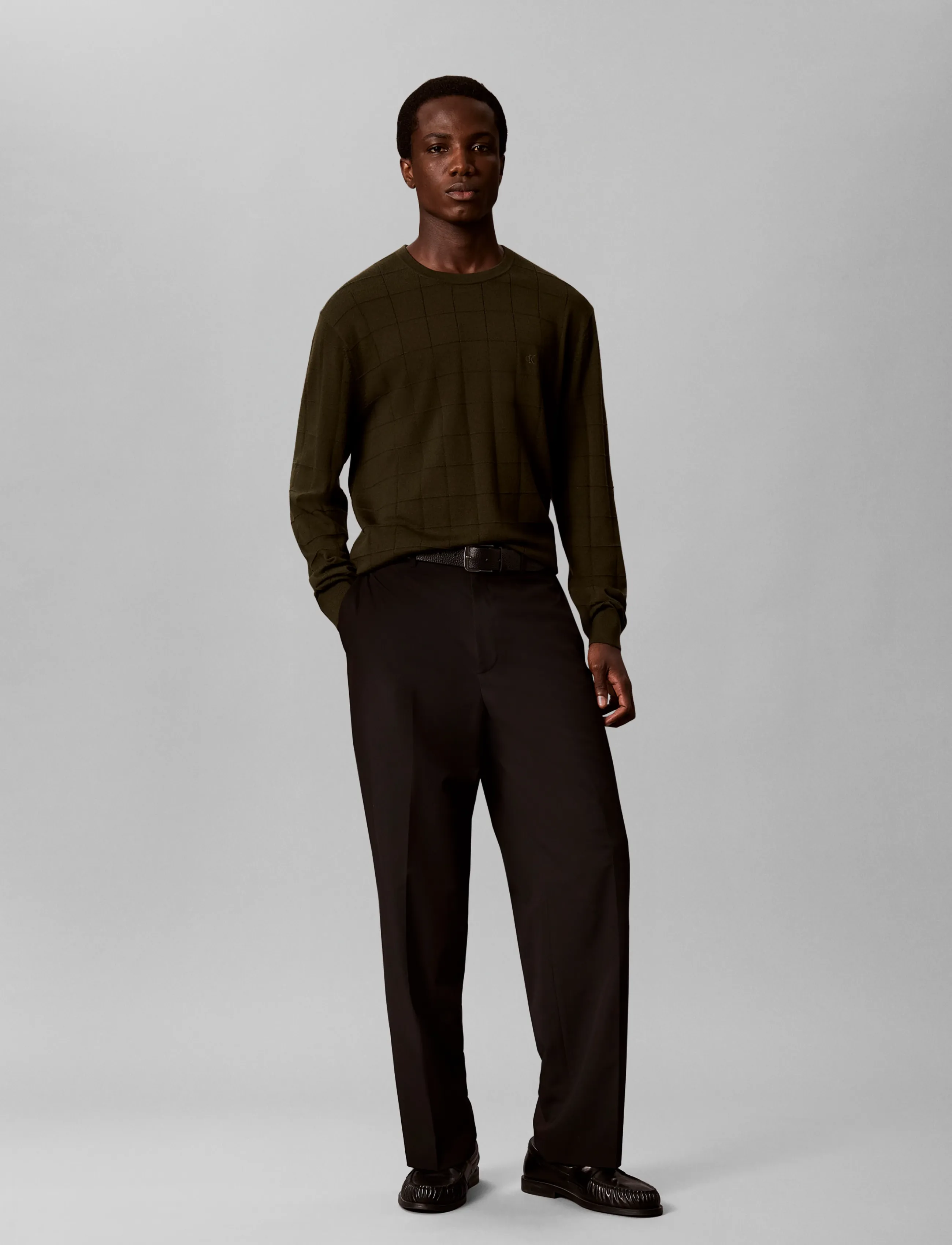 Calvin Klein - LS 100% MERINO TEXTURED GRID CRE - round necks - olive night - 5