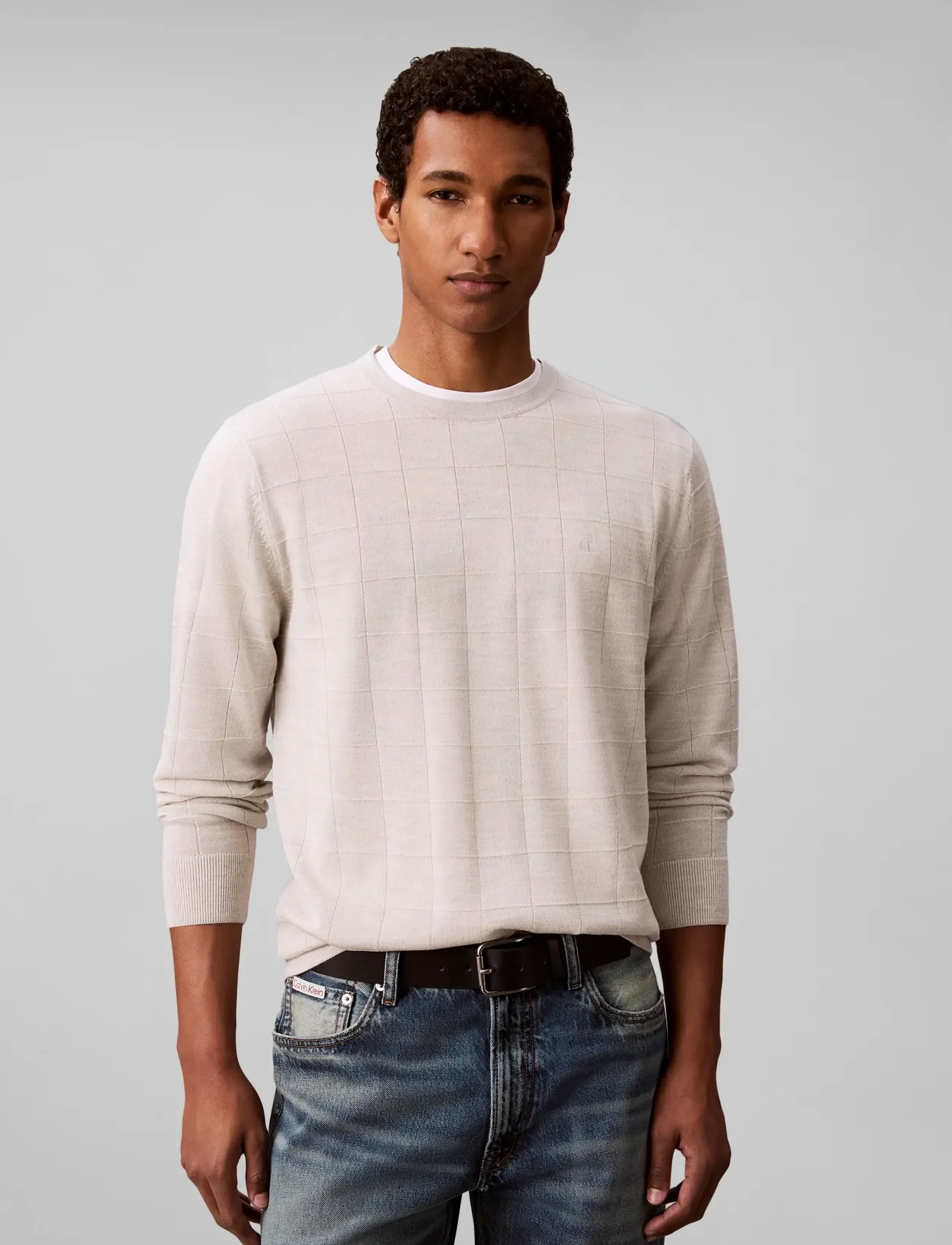 Calvin Klein LS 100% MERINO TEXTURED GRID CRE - Inspiration - SNOW HEATHER / cream