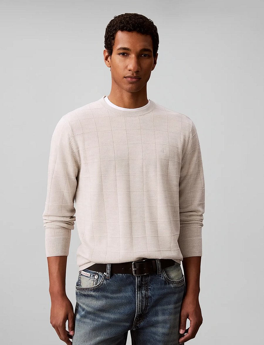 Calvin Klein - LS 100% MERINO TEXTURED GRID CRE - rund hals - snow heather - 0