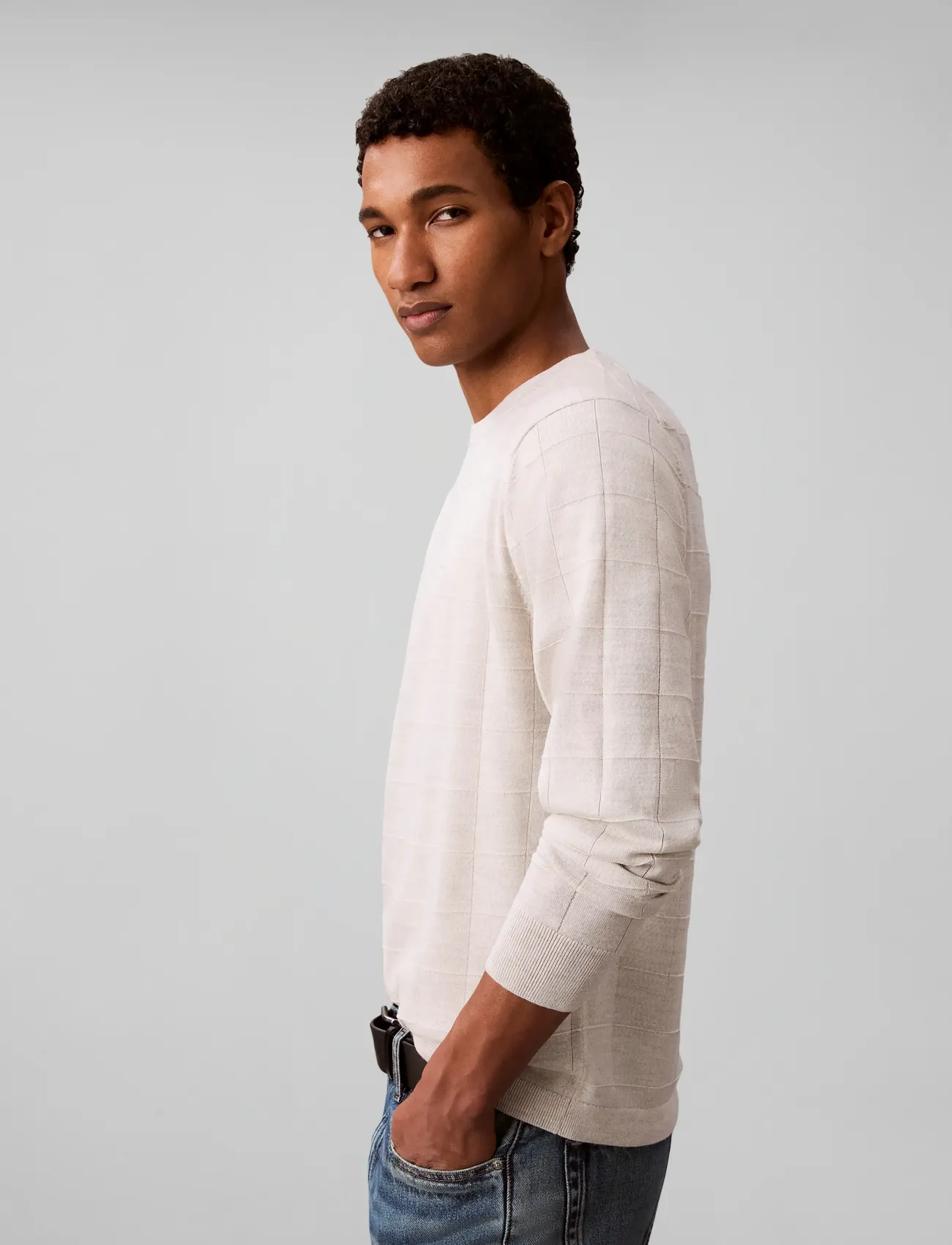 Calvin Klein LS 100% MERINO TEXTURED GRID CRE - Streetstyle - SNOW HEATHER / cream