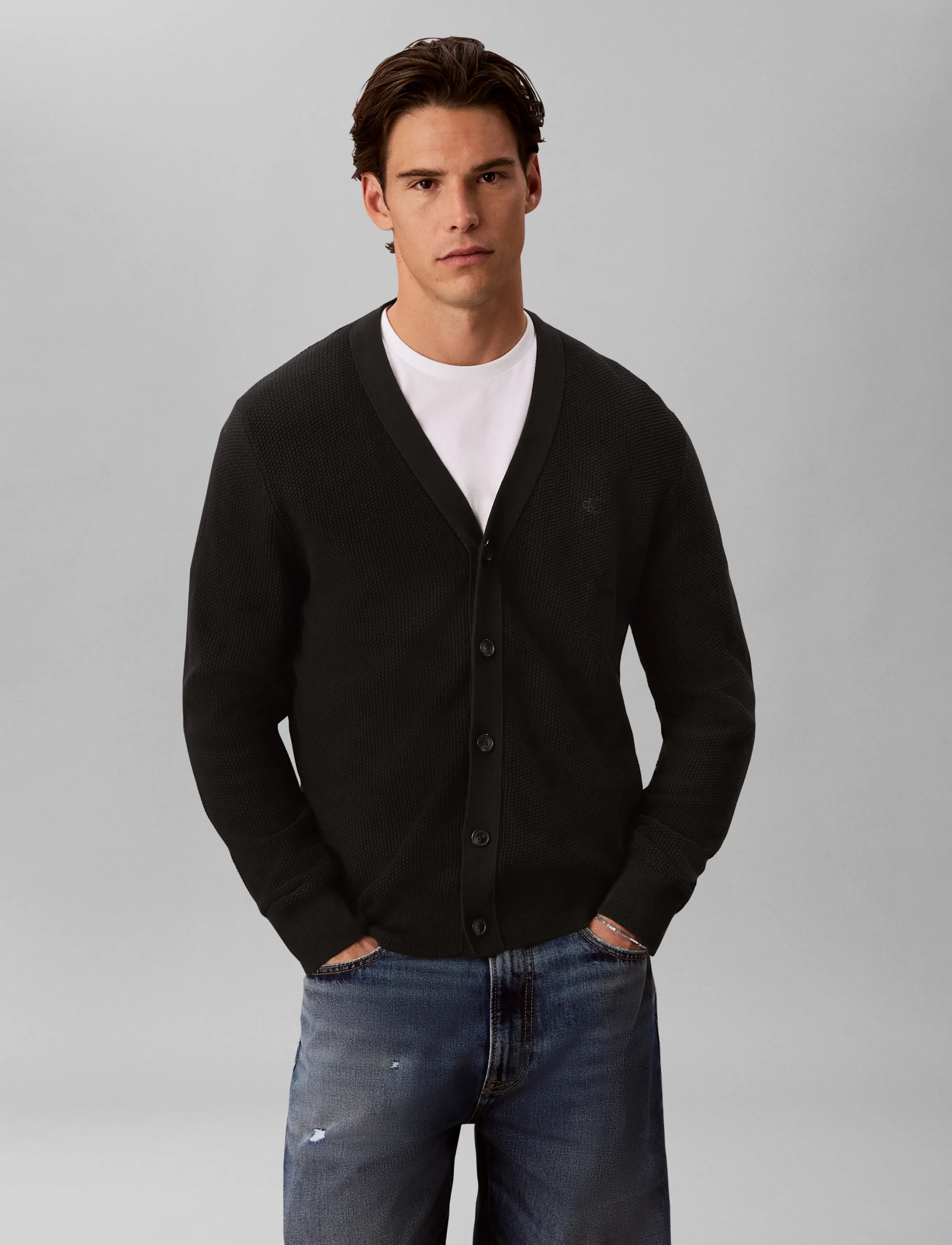 Calvin Klein Ls Textured Cotton Cardigan 12Gg, XL, Black, Strik > Cardigans, Herre