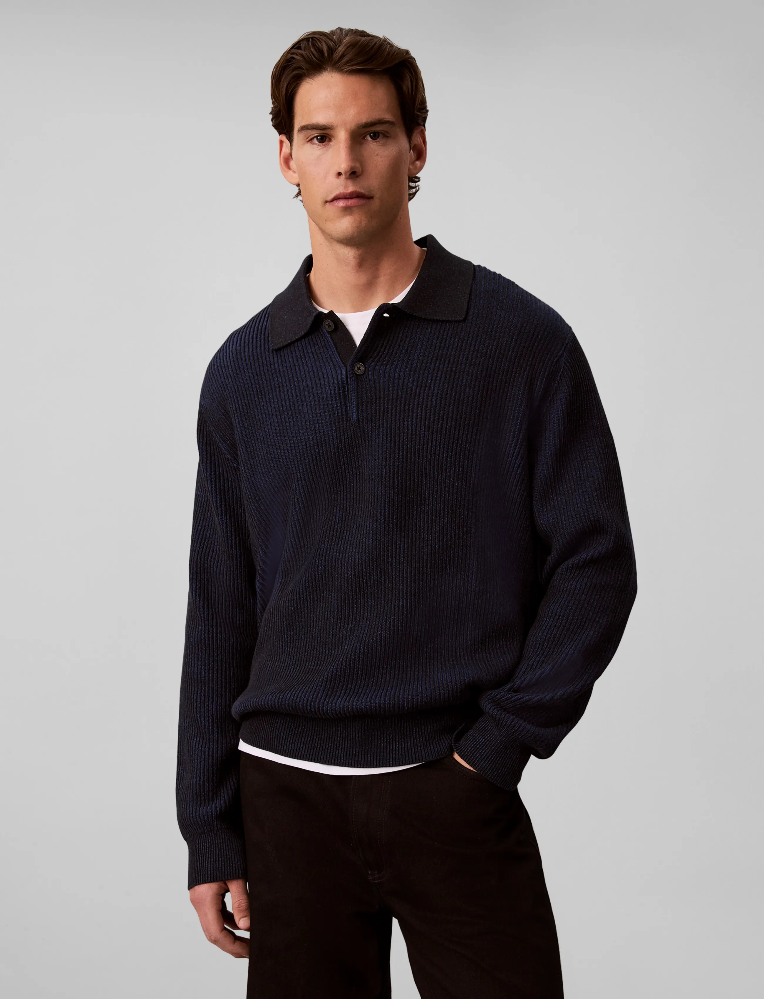 Calvin Klein - LS COTTON STITCH POLO SWEATER 9G - poloer i strik med lange ærmer - black - 3