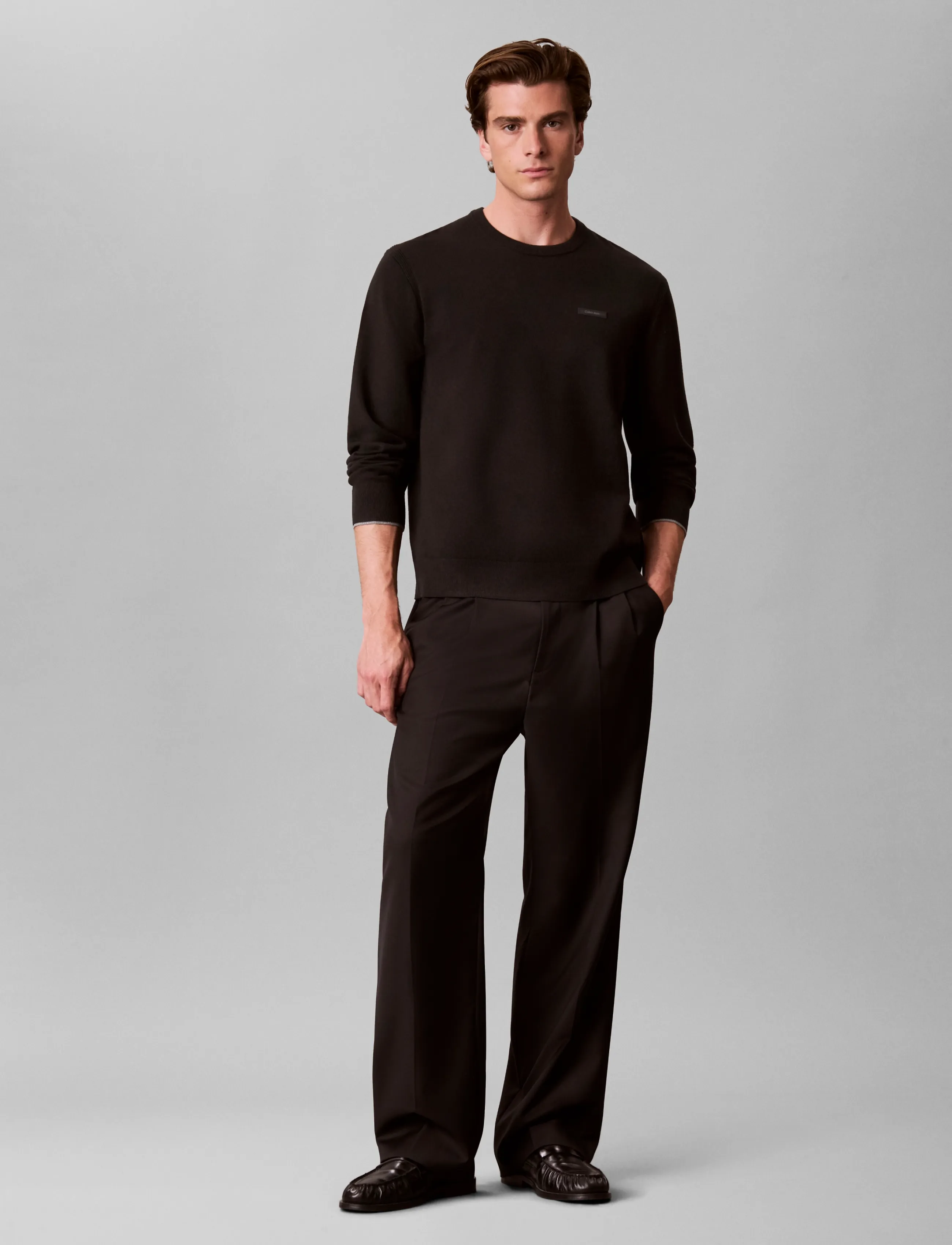 Calvin Klein LS CK TECH KNIT TIPPING CREW 12G - Strickmode - BLACK / black