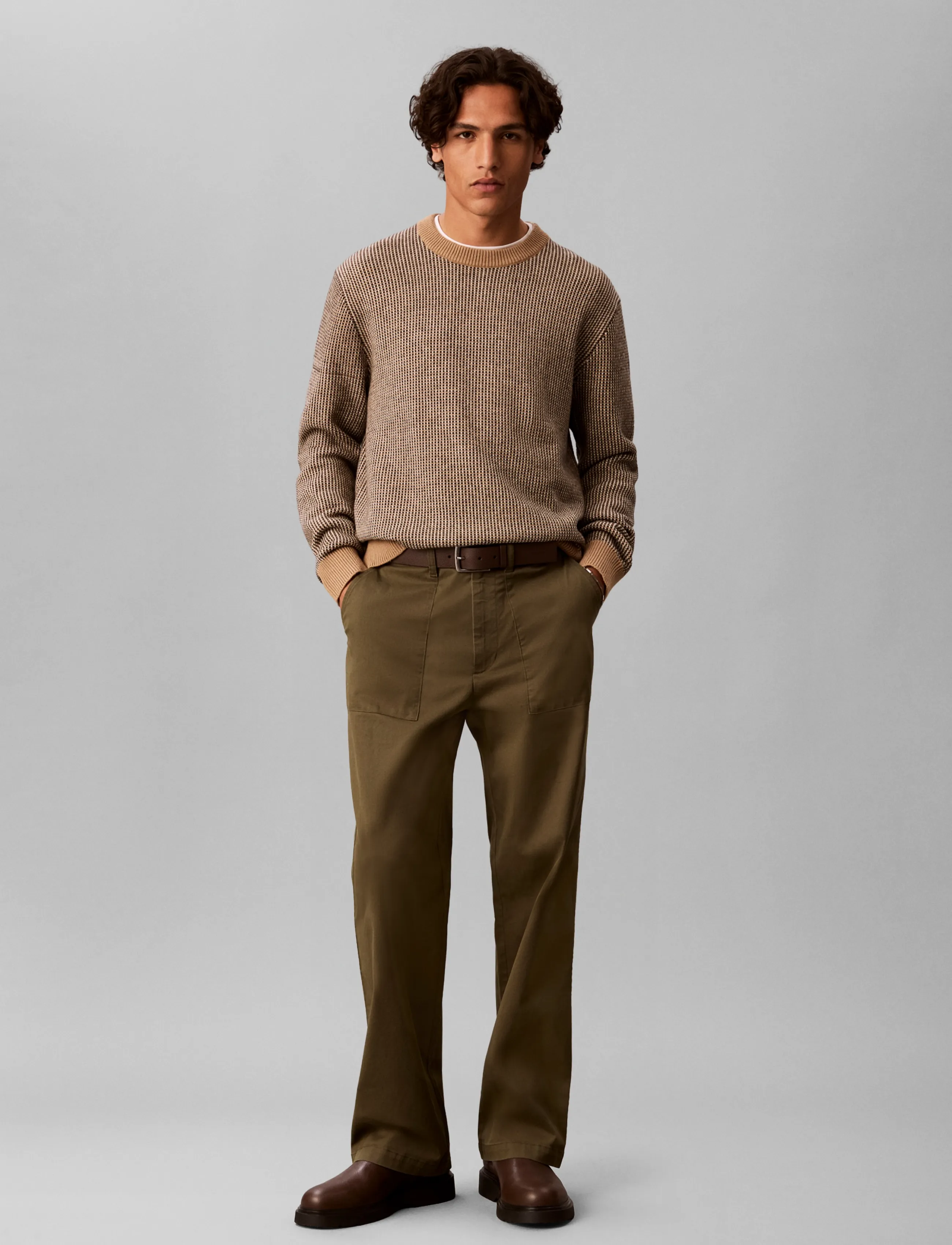 Calvin Klein LS COTTON WOOL DOTTED STITCH CRE - Strickmode - TIGERS EYE / brown