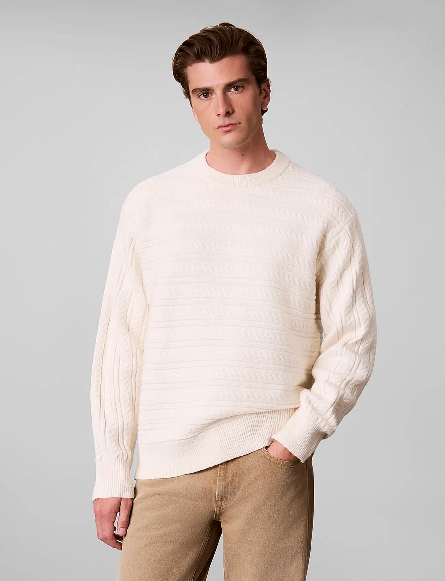 Calvin Klein - LS WOOL BLEND CABLE CRWNK 7GG - round necks - antique white - 3