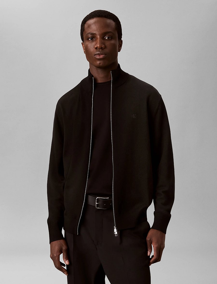 Calvin Klein - LS 100% MERINO FULL ZIP 14GG - pullover mit durchgehendem reißverschluss - black - 0