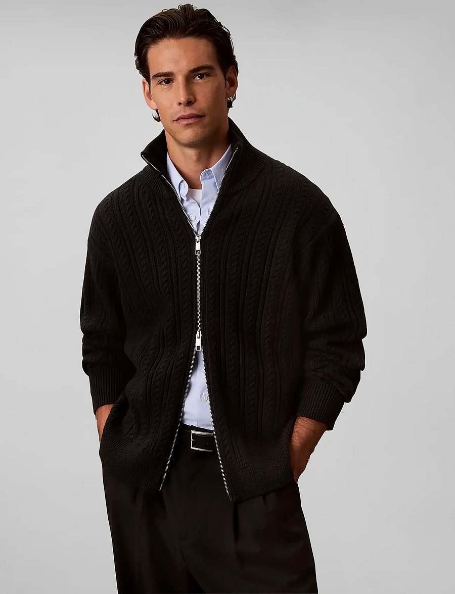 Calvin Klein - LS WOOL BLEND CABLE FULL ZIP 7GG - full zip jumpers - black - 3