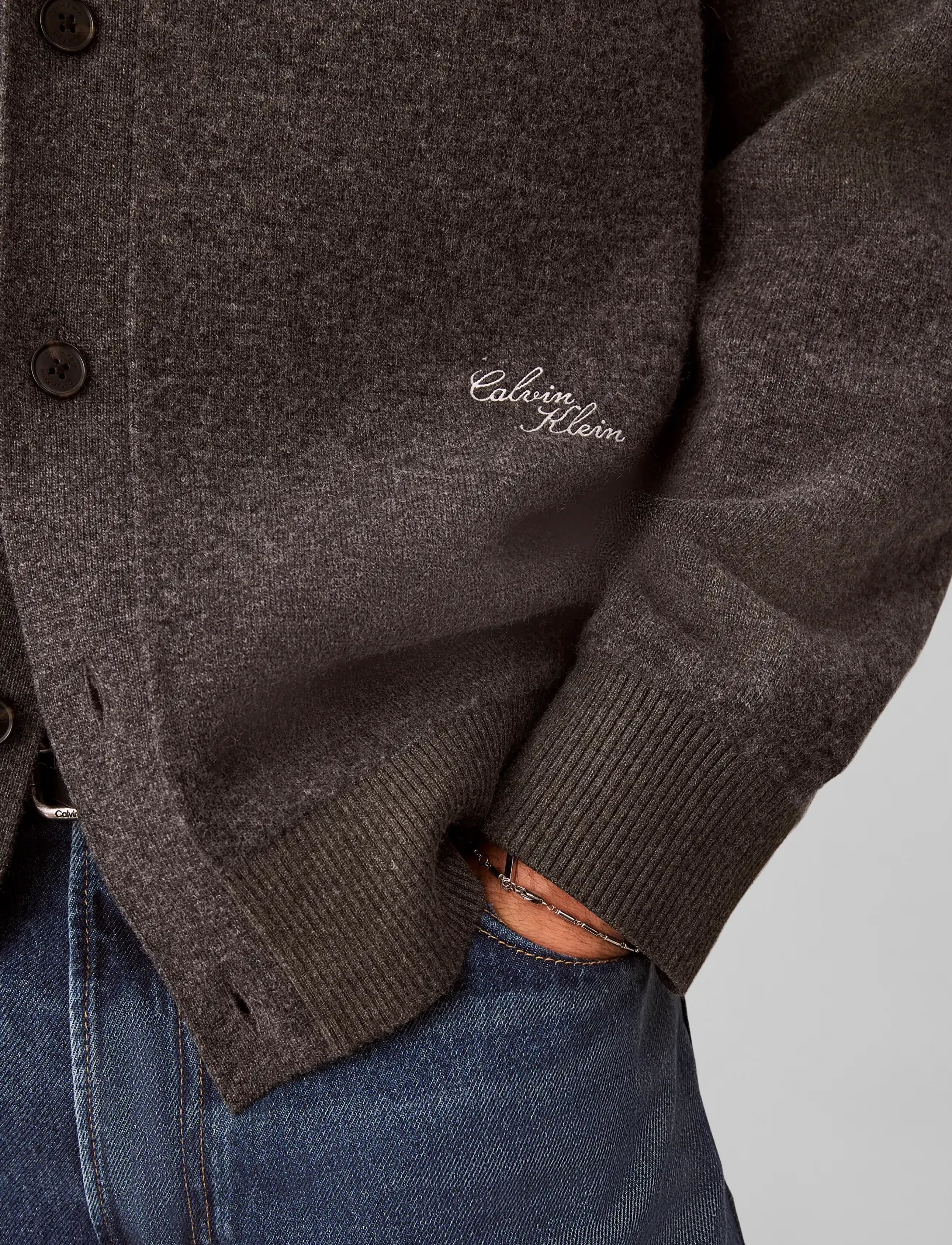 Calvin Klein LS LAMBSWOOL BLEND CARDIGAN 12GG - Clothing - GUNMETAL HTR / grey