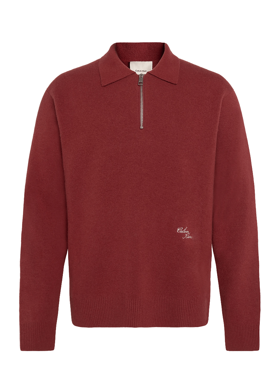 Calvin Klein - LS LAMBSWOOL BLEND COLLAR QZ 12G - long-sleeved knitted polos - fired brick - 0