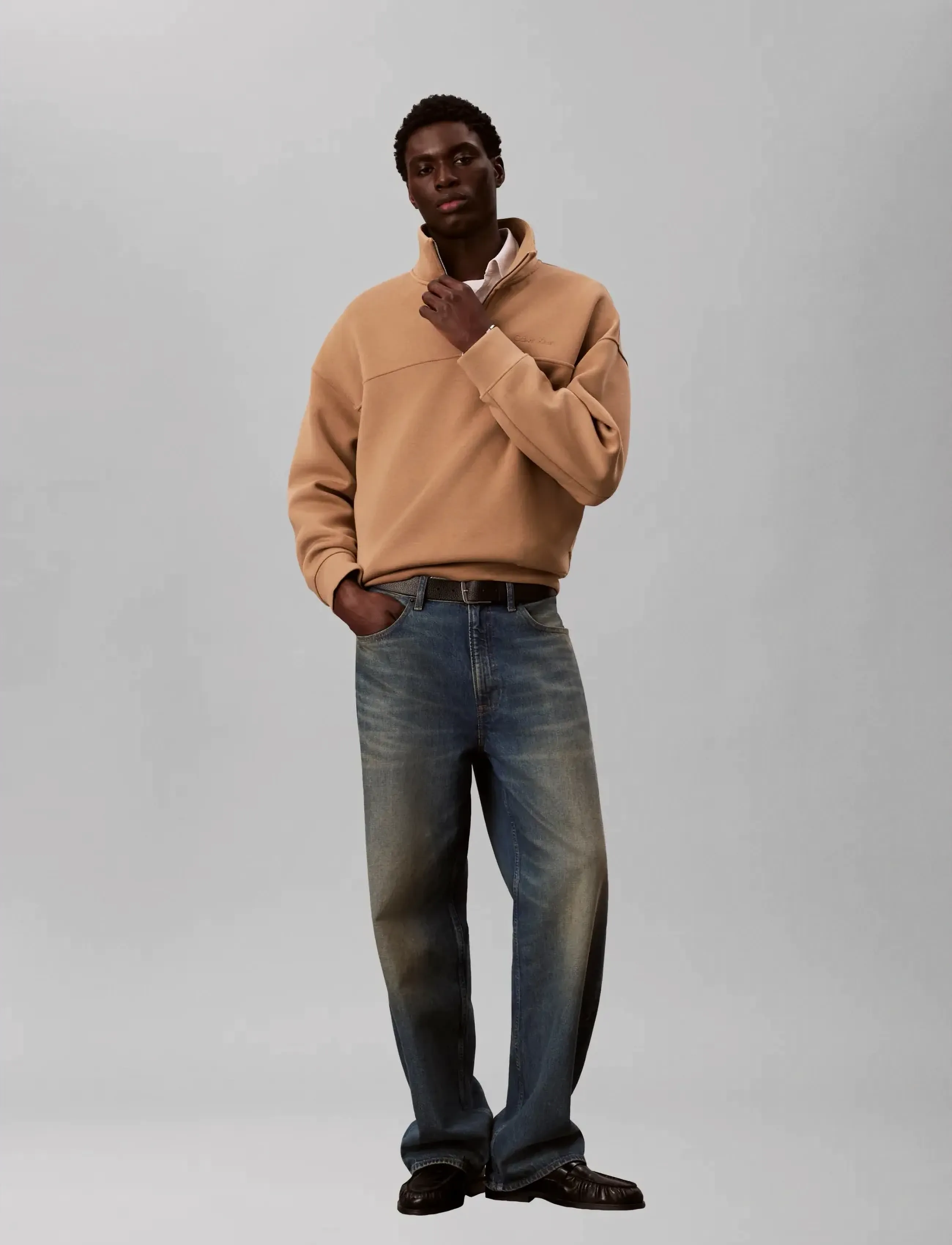 Calvin Klein LS SPACER MOCK NECK QTR ZIP - Džemperiai - TIGERS EYE / beige