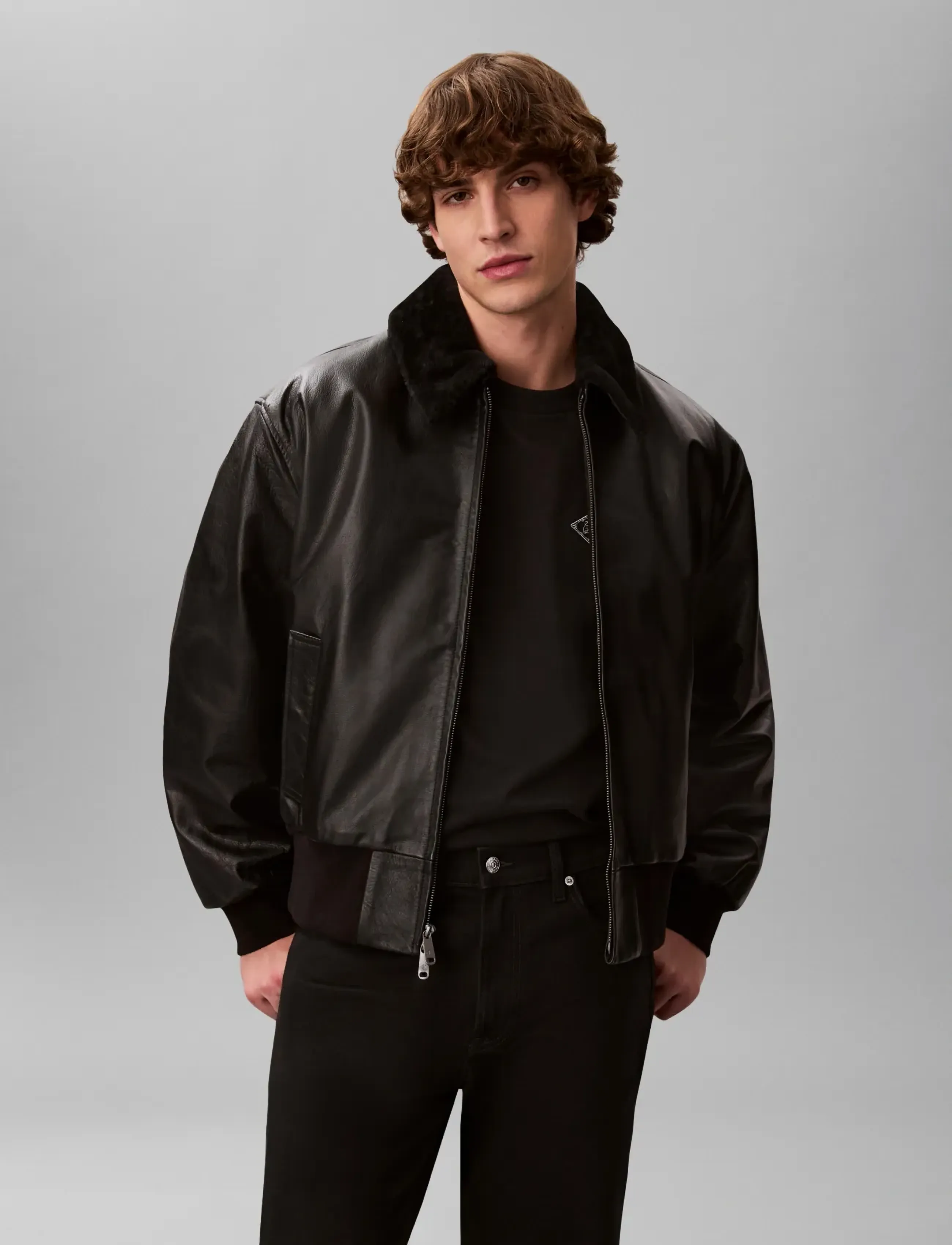 Calvin Klein LS LEATHER BOMBER W/ SHEARLING C - Lederjacken - BLACK / black