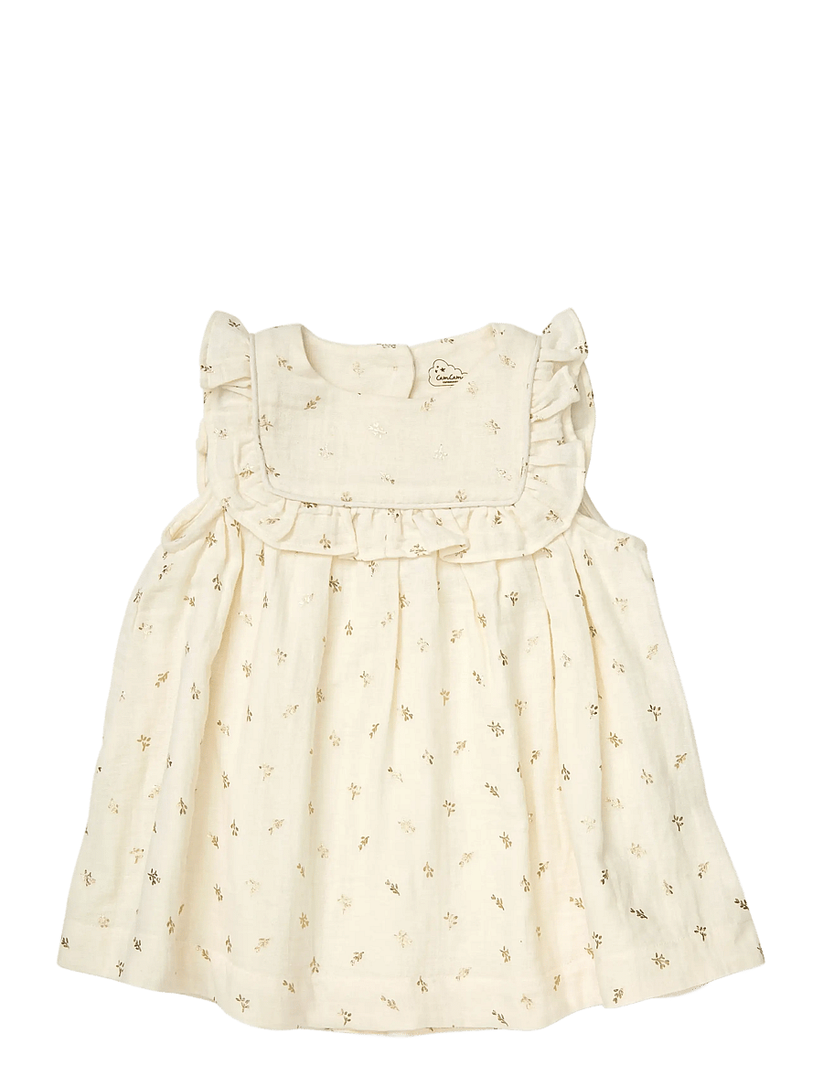 Cam Cam Copenhagen - Betty Dress, 80 cm - GOTS - Gold Flower - kūdikių suknelės trumpomis rankovėmis - gold flower - 1