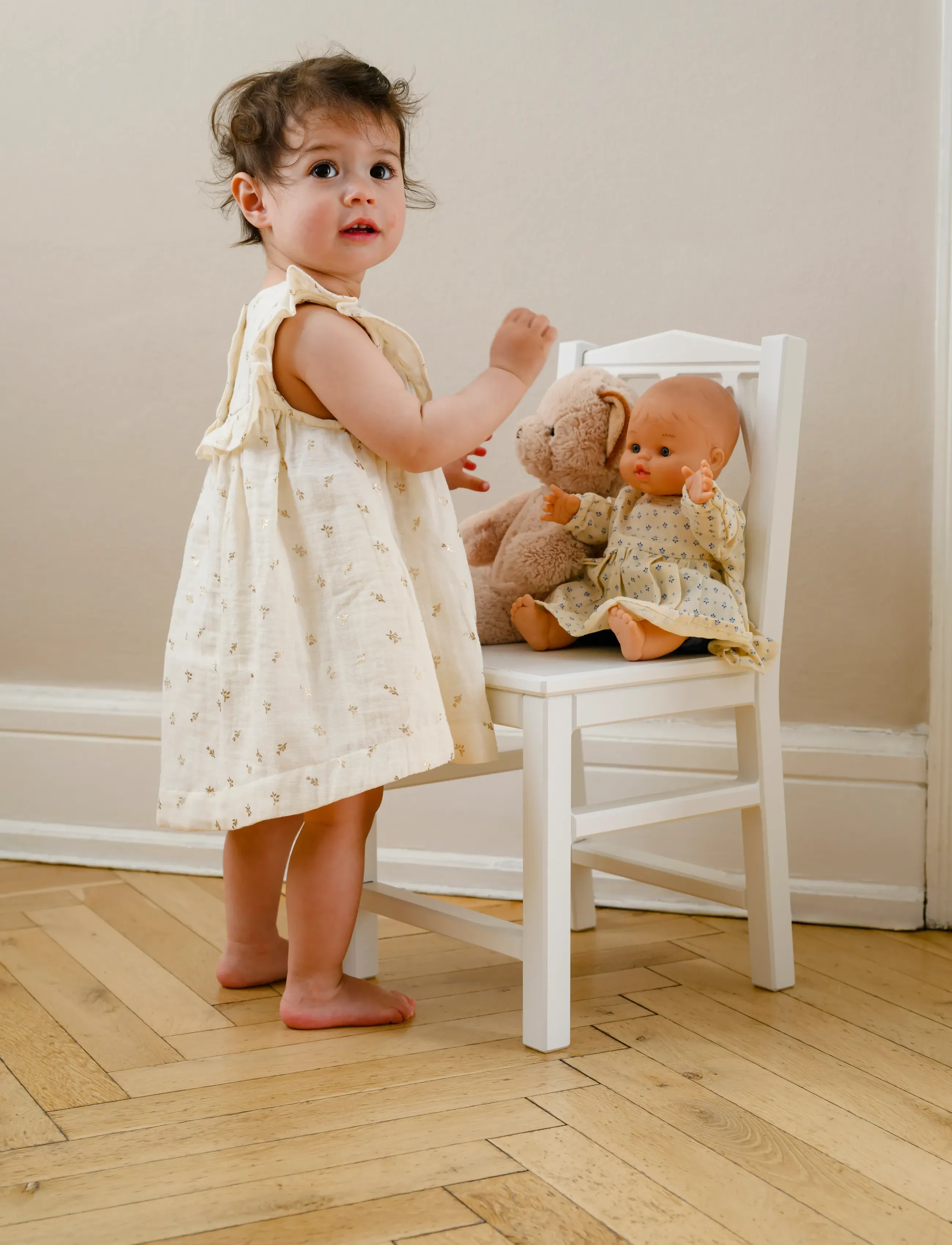 Cam Copenhagen Betty Dress, 80 Cm Gots Gold Flower, 98, Baby Dresses, Creme - Short-sleeved Kinder