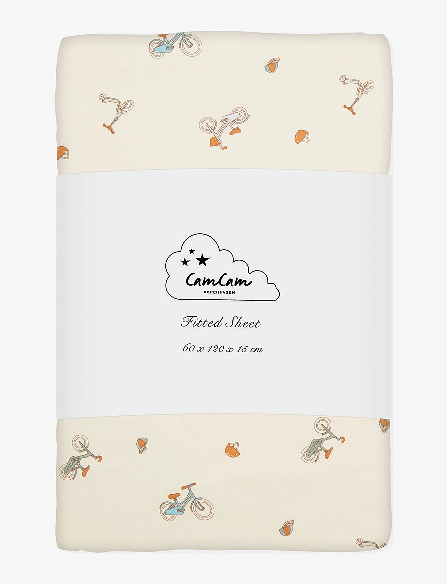 Cam Cam Copenhagen - Fitted Sheet, 60x120x15cm - GOTS - Blueberries - draps - bicycles - 0