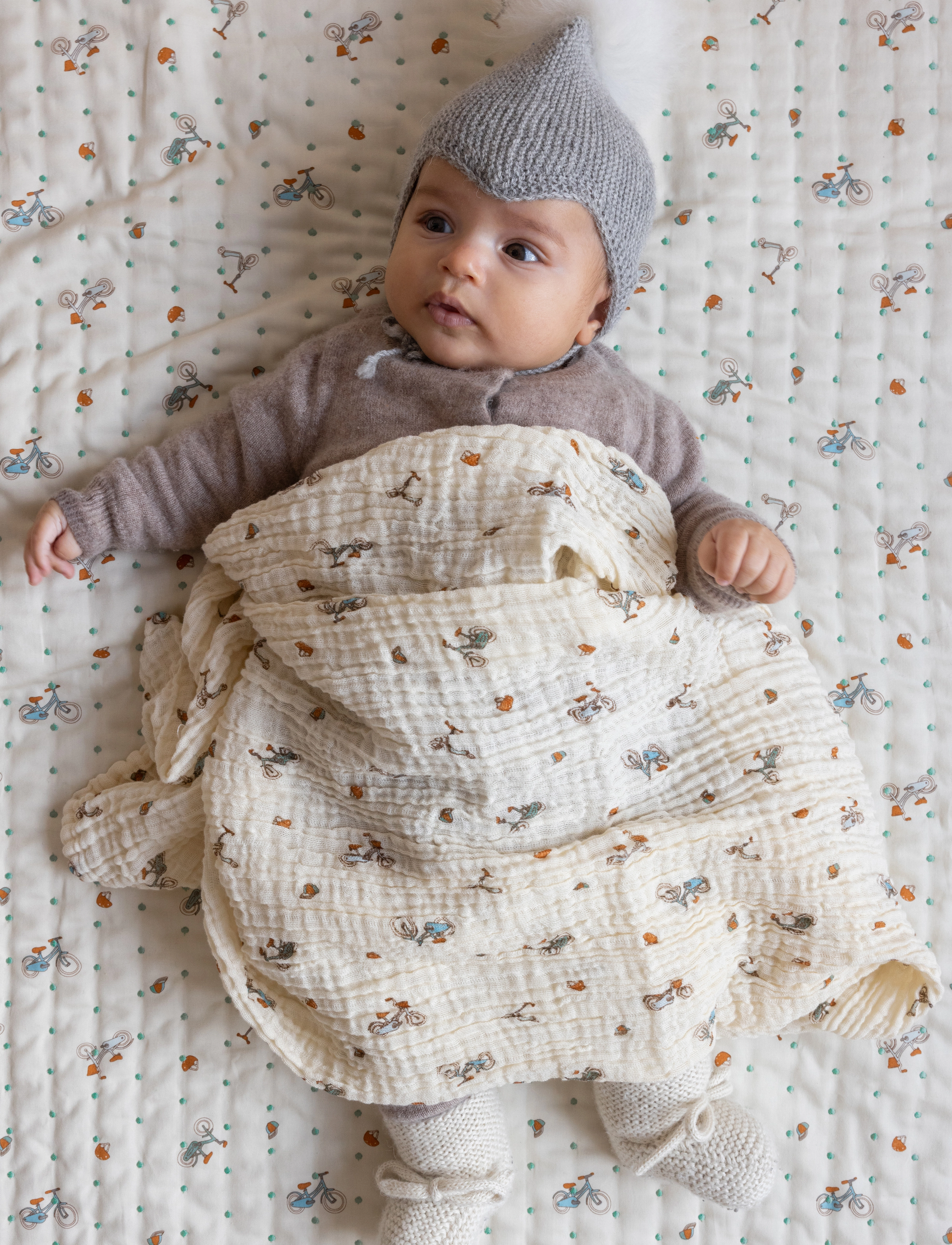 Cam Cam Copenhagen Muslin Baby Blanket - GOTS - Woodland - Beebituba - BICYCLES / cream