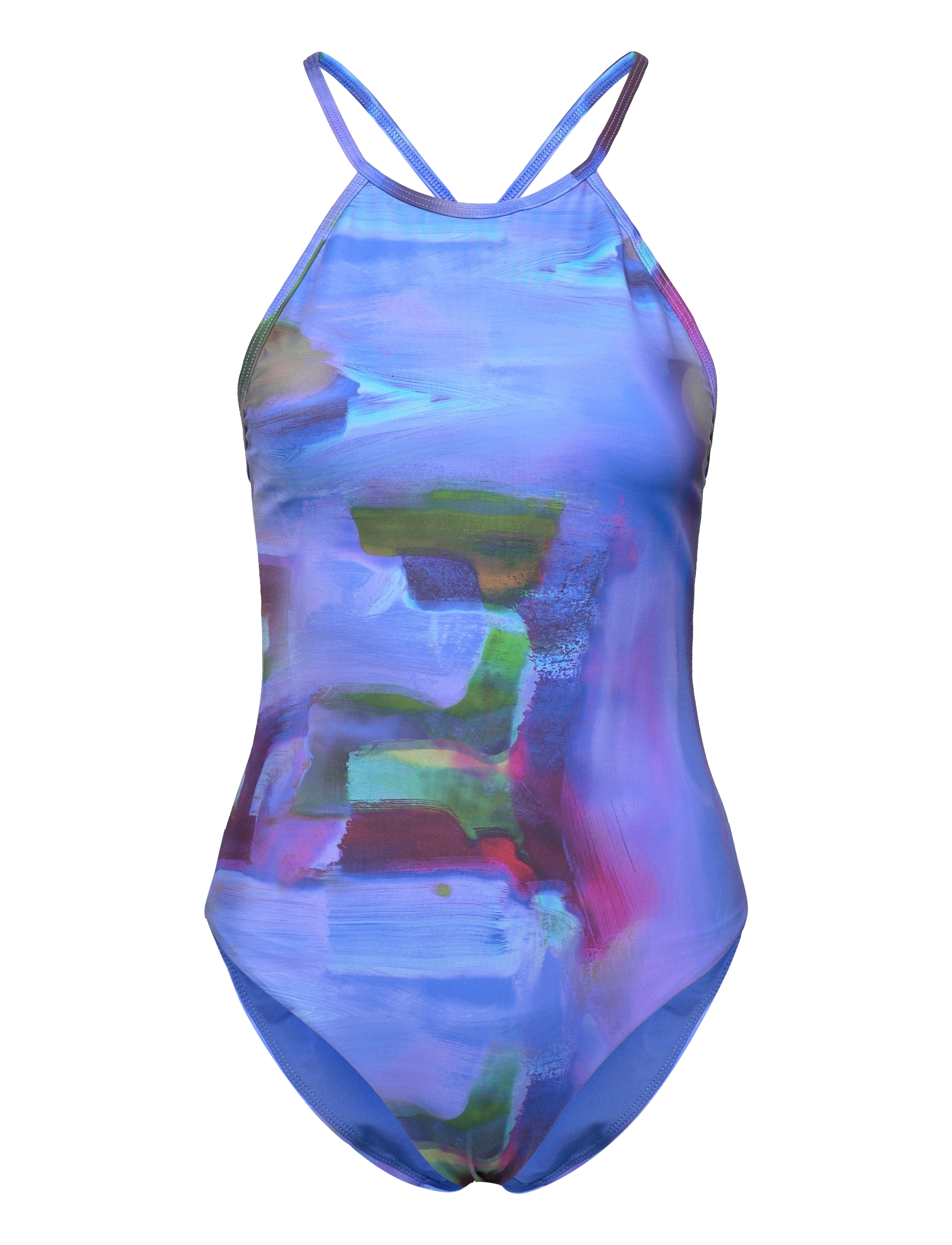 High Neck Printed Swimsuit - BLUE NOSTALGIA