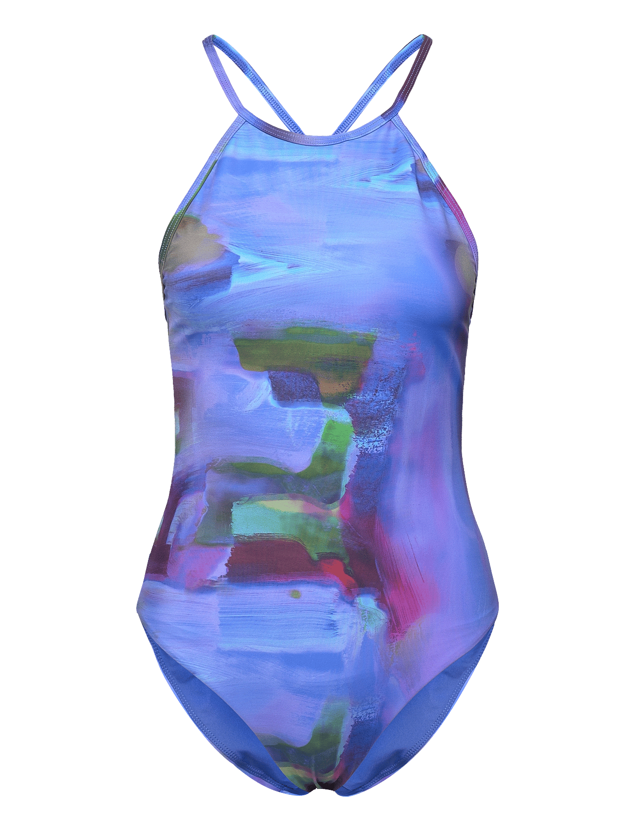 High Neck Printed Swimsuit - BLUE NOSTALGIA