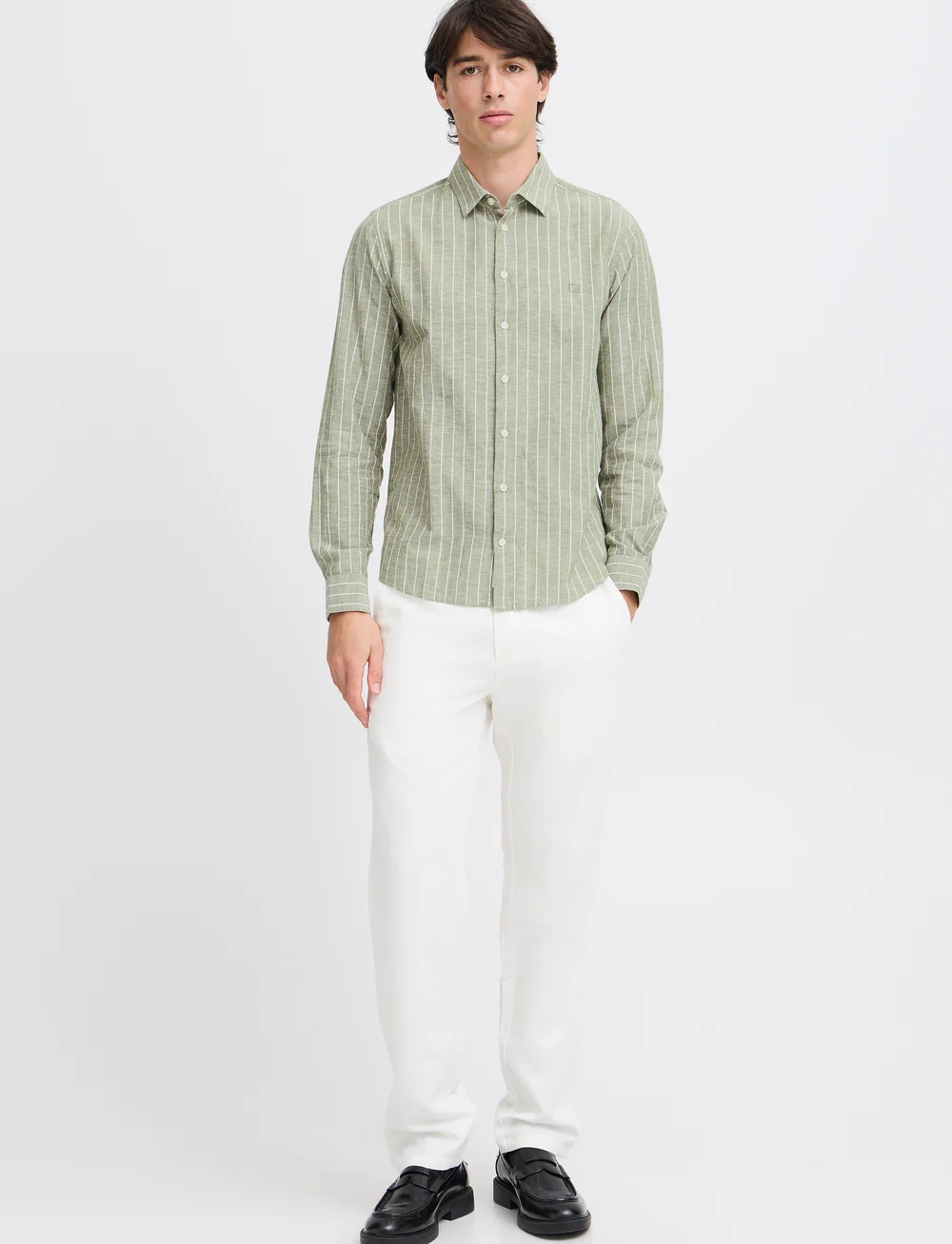 Casual Friday - CFANDRÉ LS wide stripe linen mix sh - linneskjortor - winter moss - 0