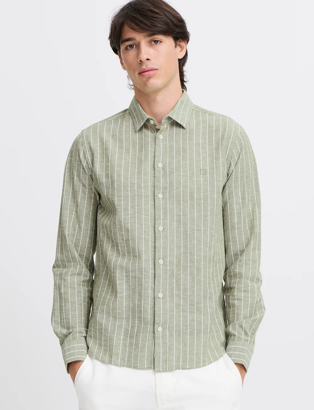 Casual Friday - CFANDRÉ LS wide stripe linen mix sh - linneskjortor - winter moss - 4