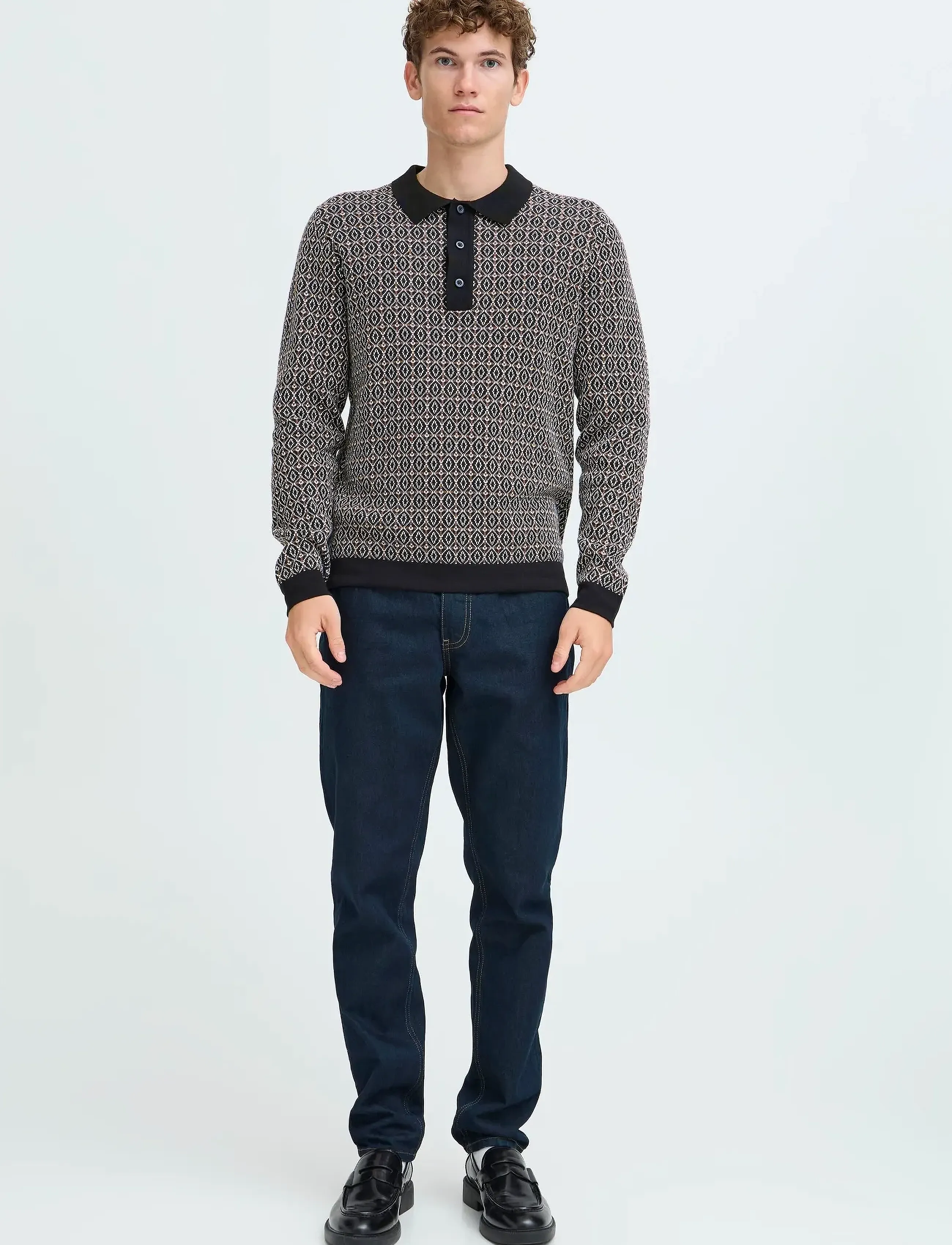 Casual Friday CFWIK JAQUARD KNIT - Långärmade pikéer - BLACK BEAUTY / black