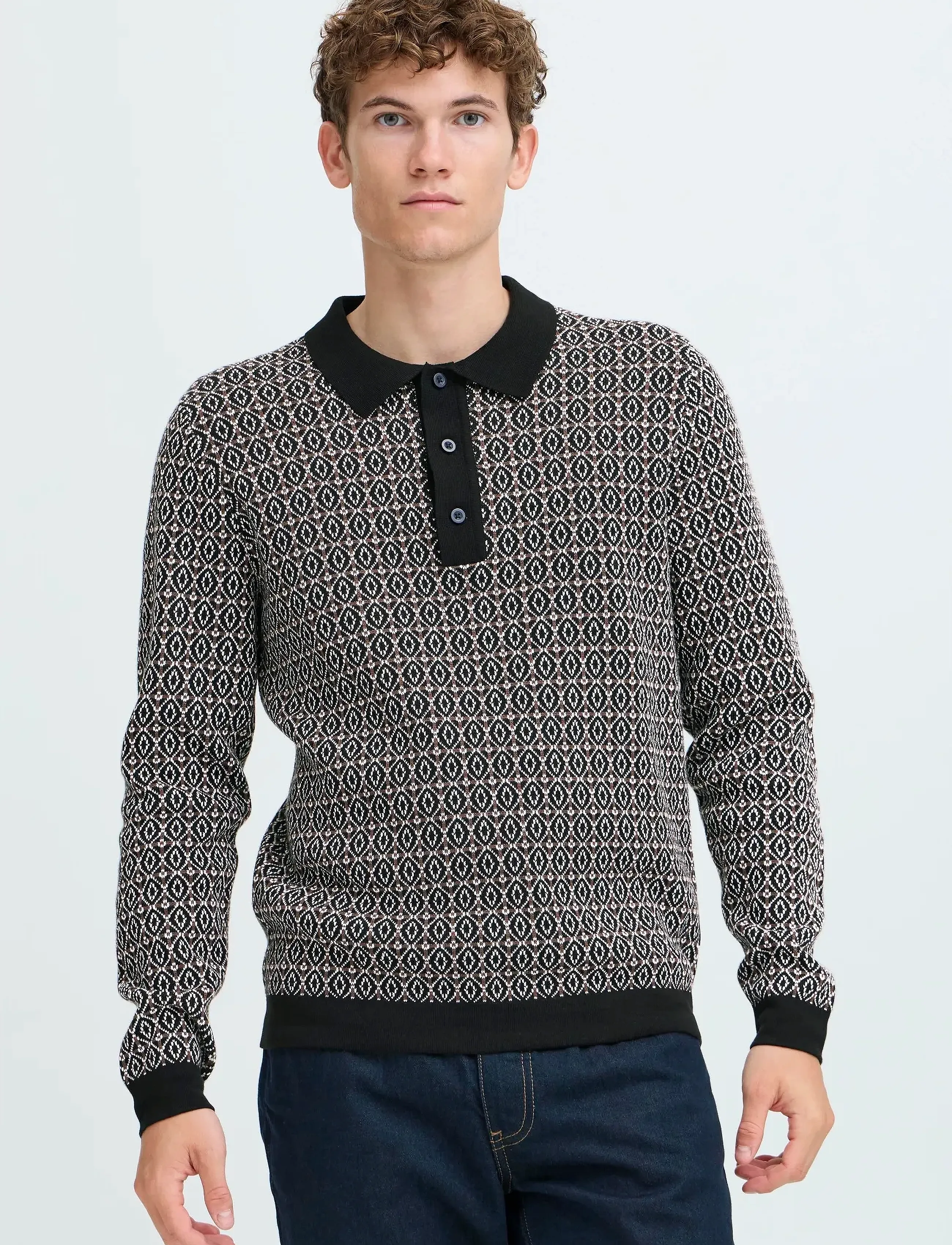 Casual Friday - CFWIK JAQUARD KNIT - pikkade varrukatega polod - black beauty - 4