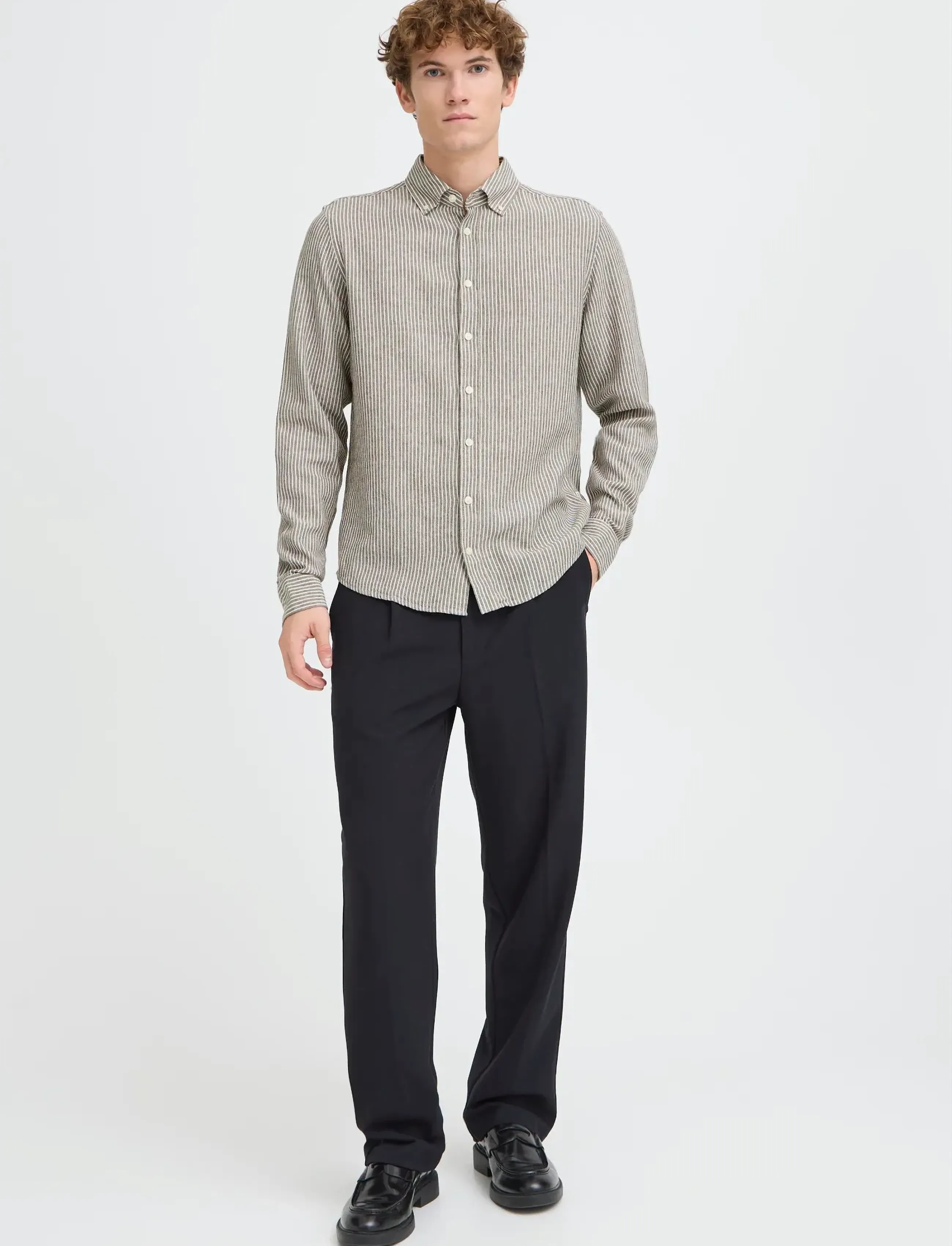 Casual Friday Cfhanes Linen Mix Ls Shirt, Mænd, Stribet Langærmet Linnedskjorte, Brun, Str: L