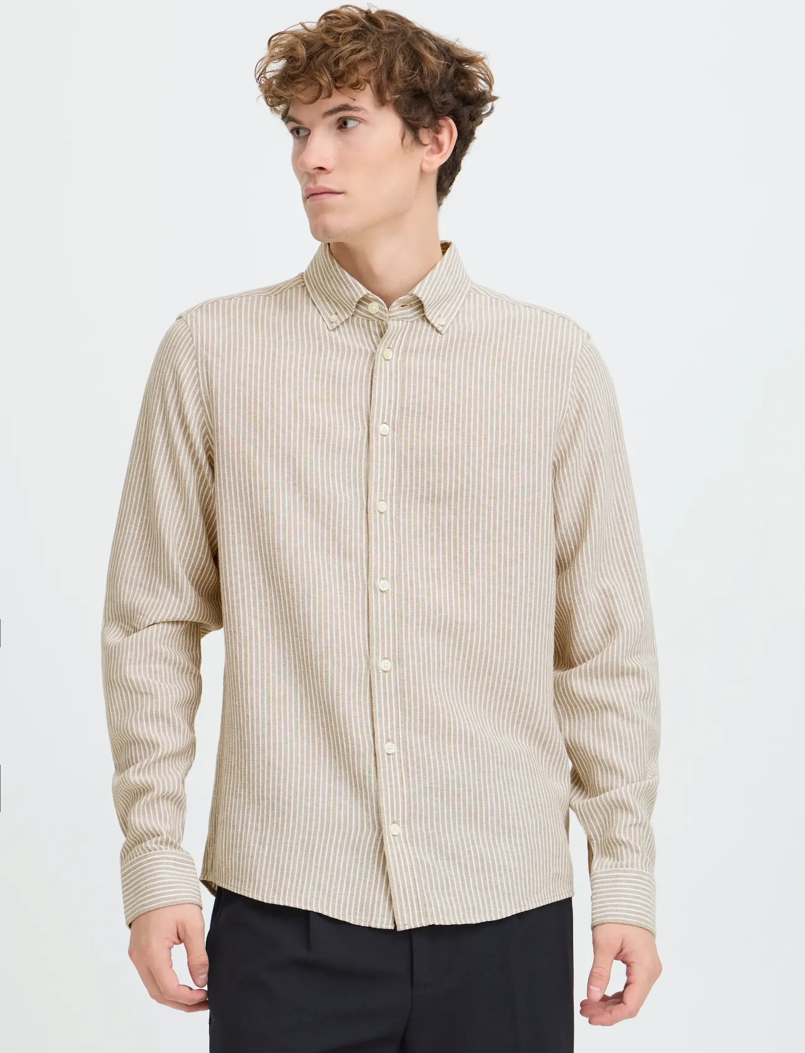 Casual Friday Cfhanes Linen Mix Ls Shirt, Mænd, Stribet Langærmet Linnedskjorte, Beige, Str: XL