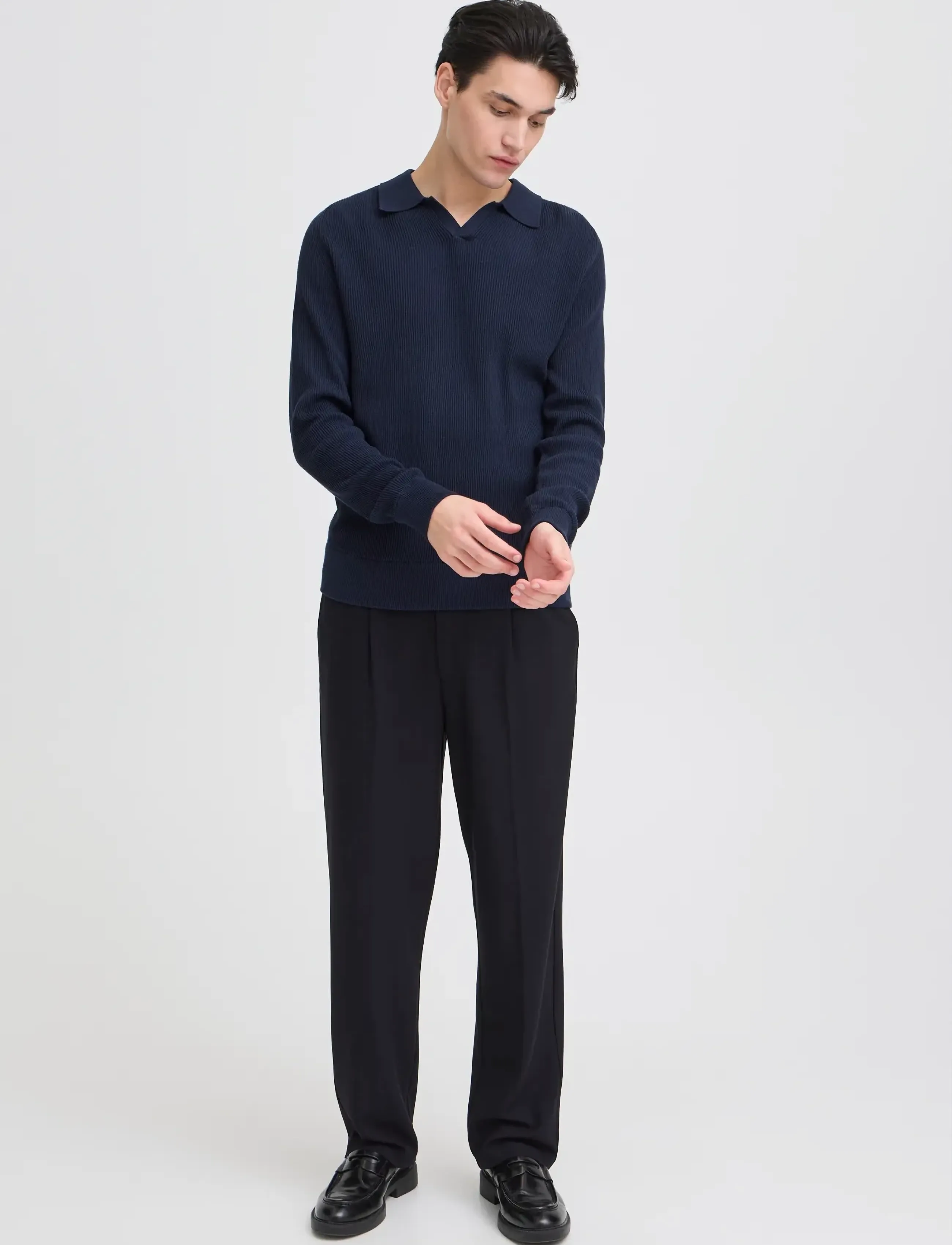 Casual Friday Cfnordin Ls Ribbed Polo Knit, Mænd, Langærmet Ribstrikket Polostrik, Navy, Str: L