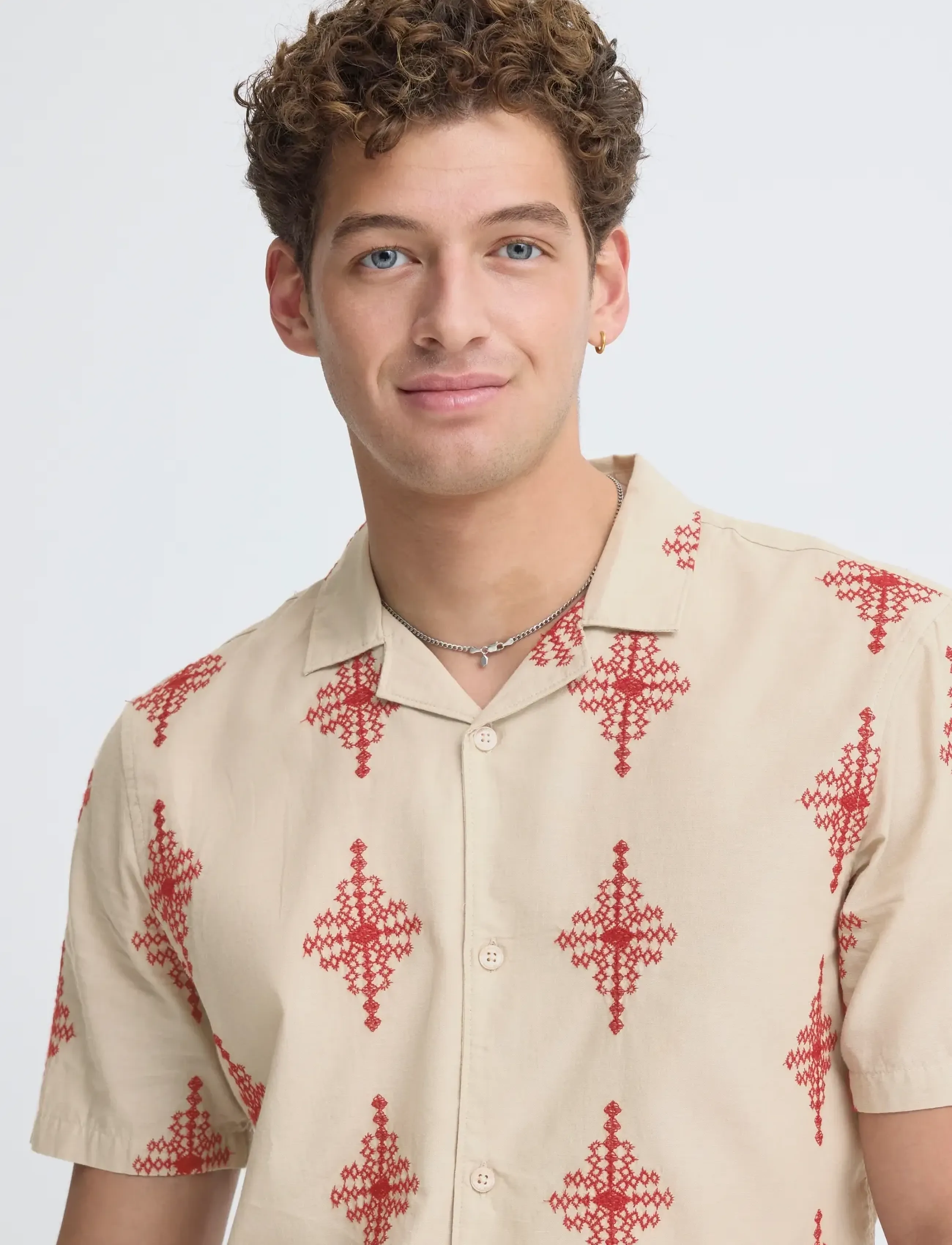 Casual Friday Cfleopold Ss Embroidered Shirt, Mænd, Broderet Kortærmet Skjorte, Beige, Str: XL