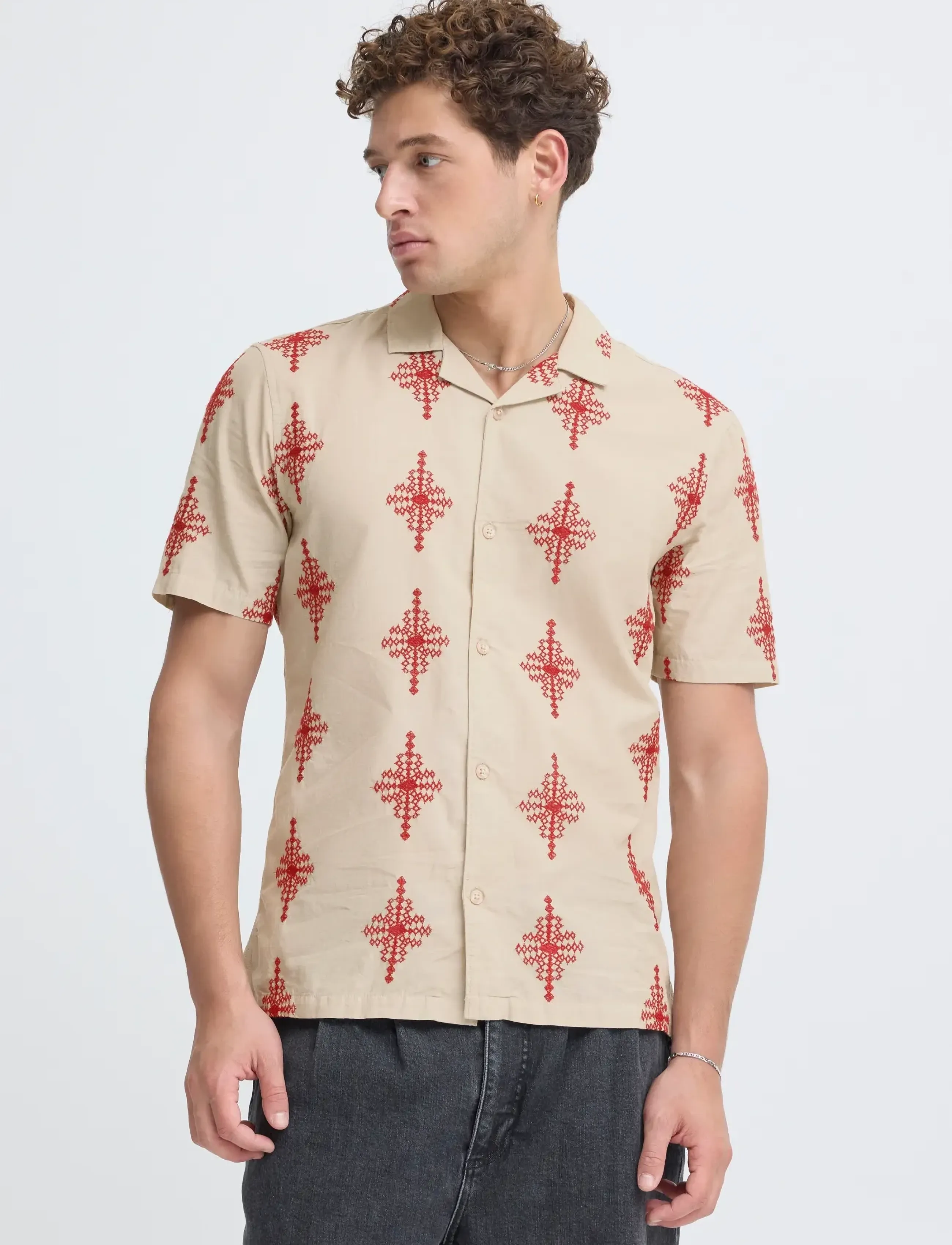Casual Friday - CFLEOPOLD SS EMBROIDERED SHIRT - kortærmede skjorter - plaza taupe melange - 4