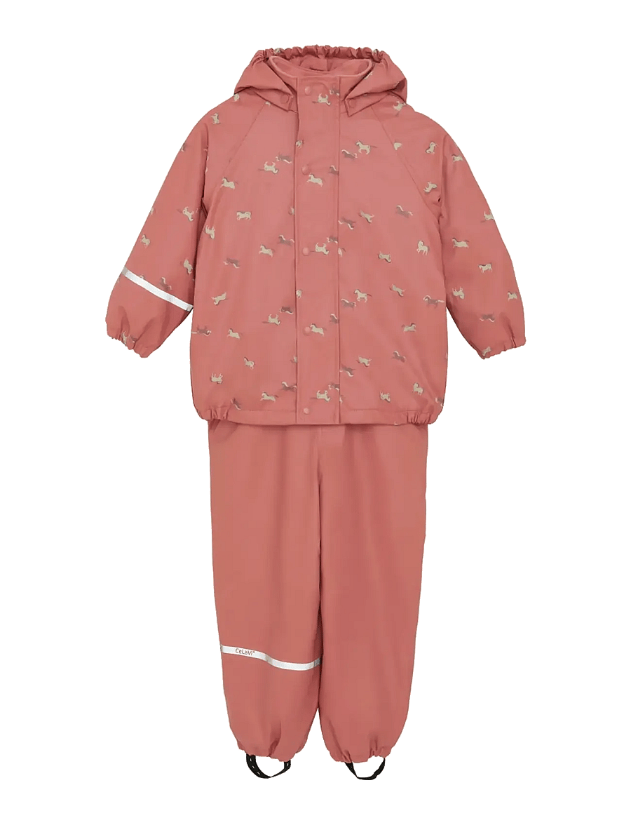 CeLaVi - Rainwear Set - AOP, w. fleece - rain sets - brick dust - 0