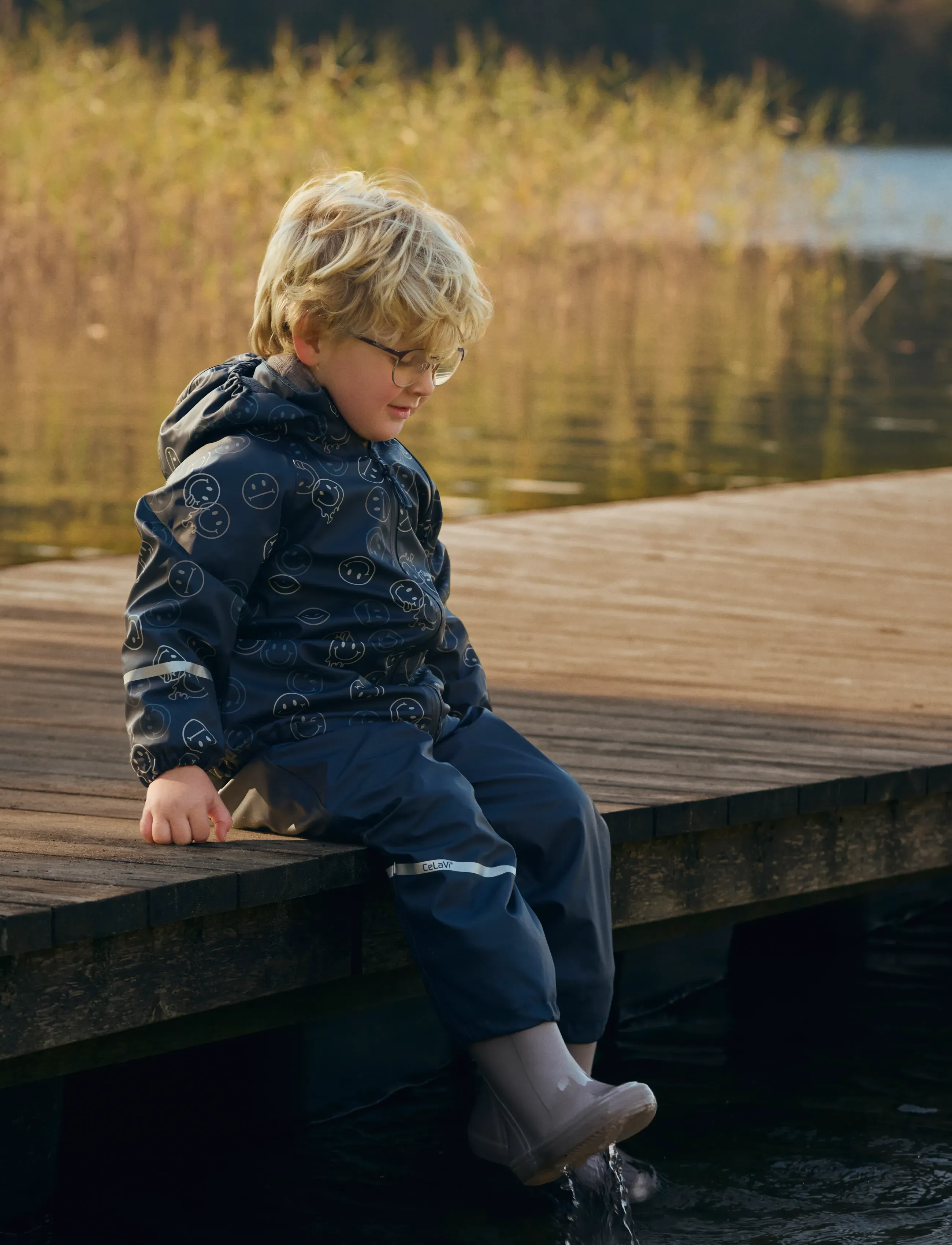 CeLaVi Rainwear Set Aop, W. Fleece, 110, Rainwear, Marineblau - Sets, Kinder