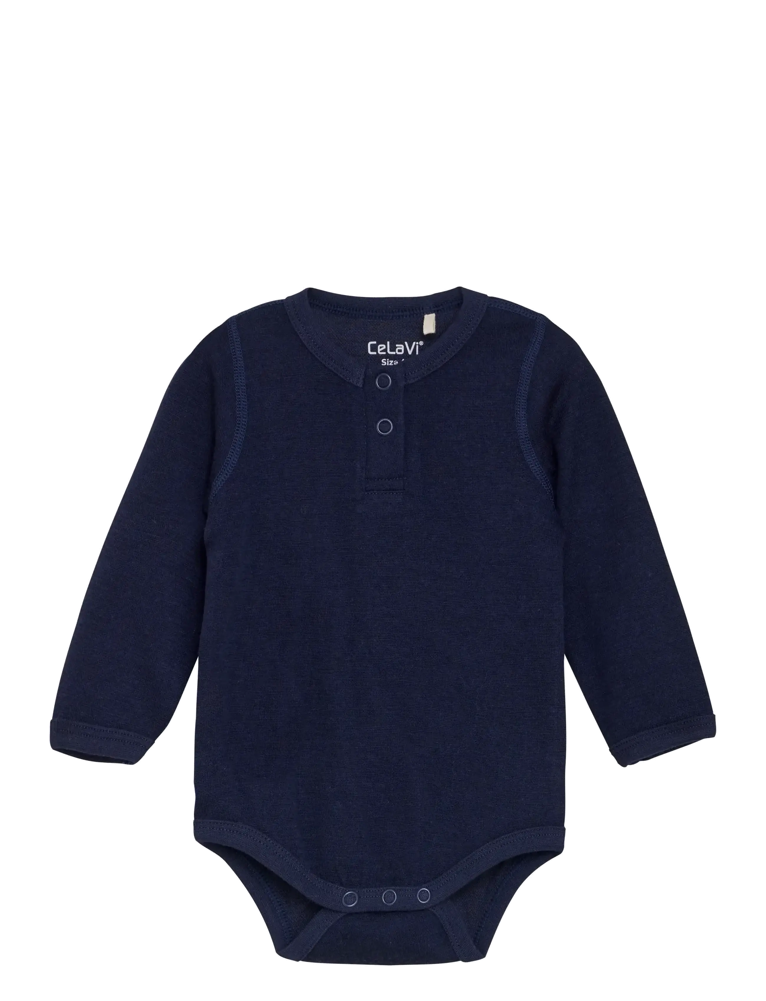 CeLaVi Body LS, Solid w. Print - Uldundertøj baby - NIGHT SKY / navy