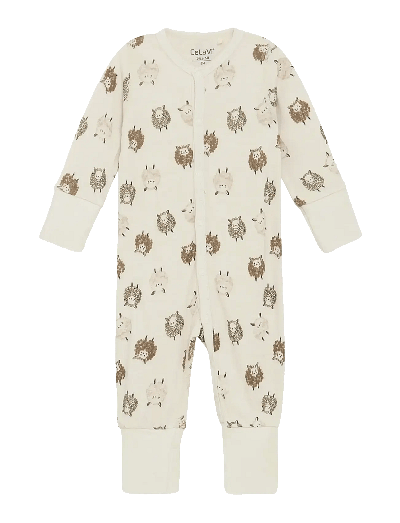 CeLaVi - Jumpsuit LS - AOP - uldundertøj baby - savannah tan - 0