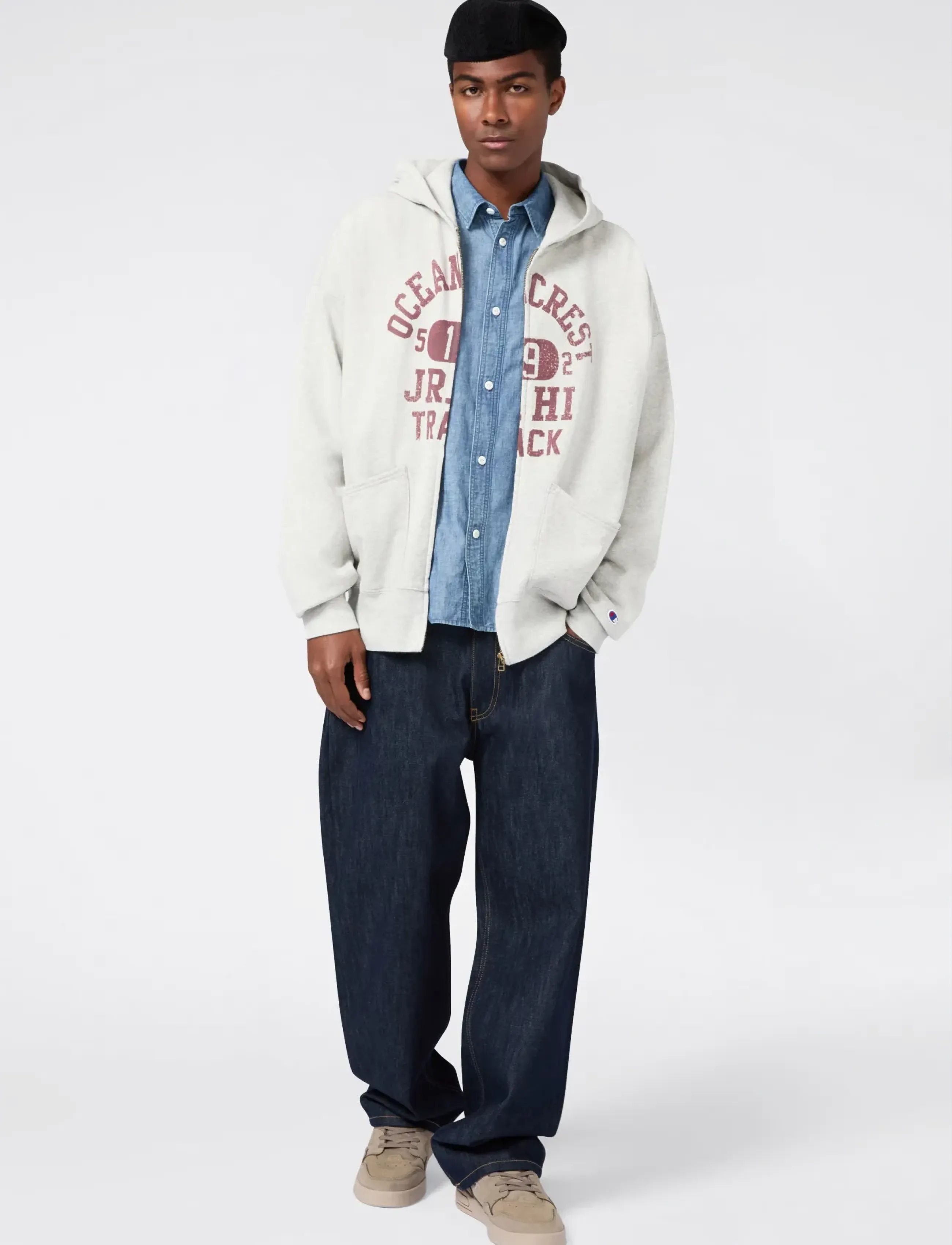 Champion Full Zip Hoodie Sweatshirt, Hættetrøje Med Fuld Lynlås, Grå, Str: S
