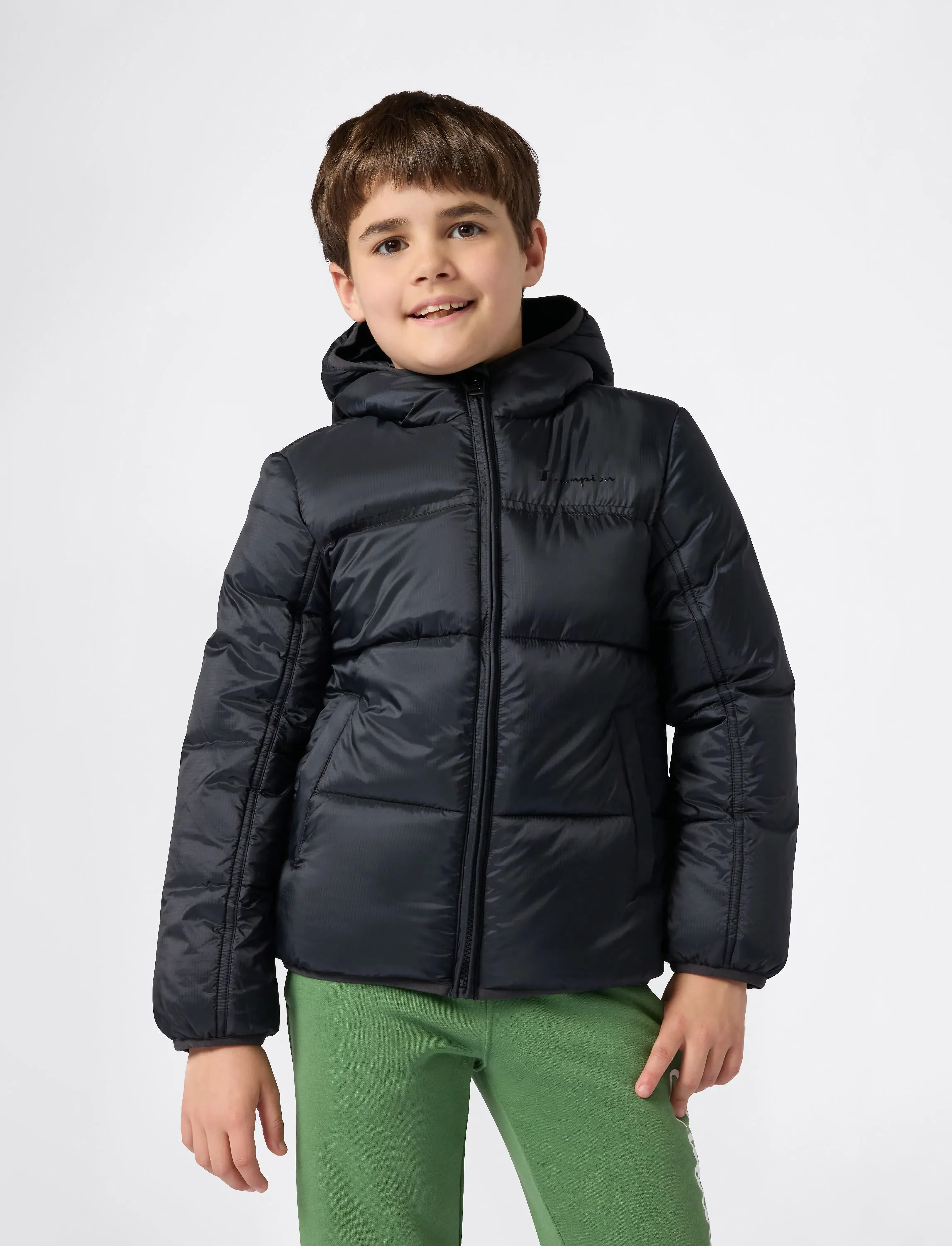 Champion Hooded Jacket, Børn, Hætte Pufferjakke, Sort, Str: 114-119