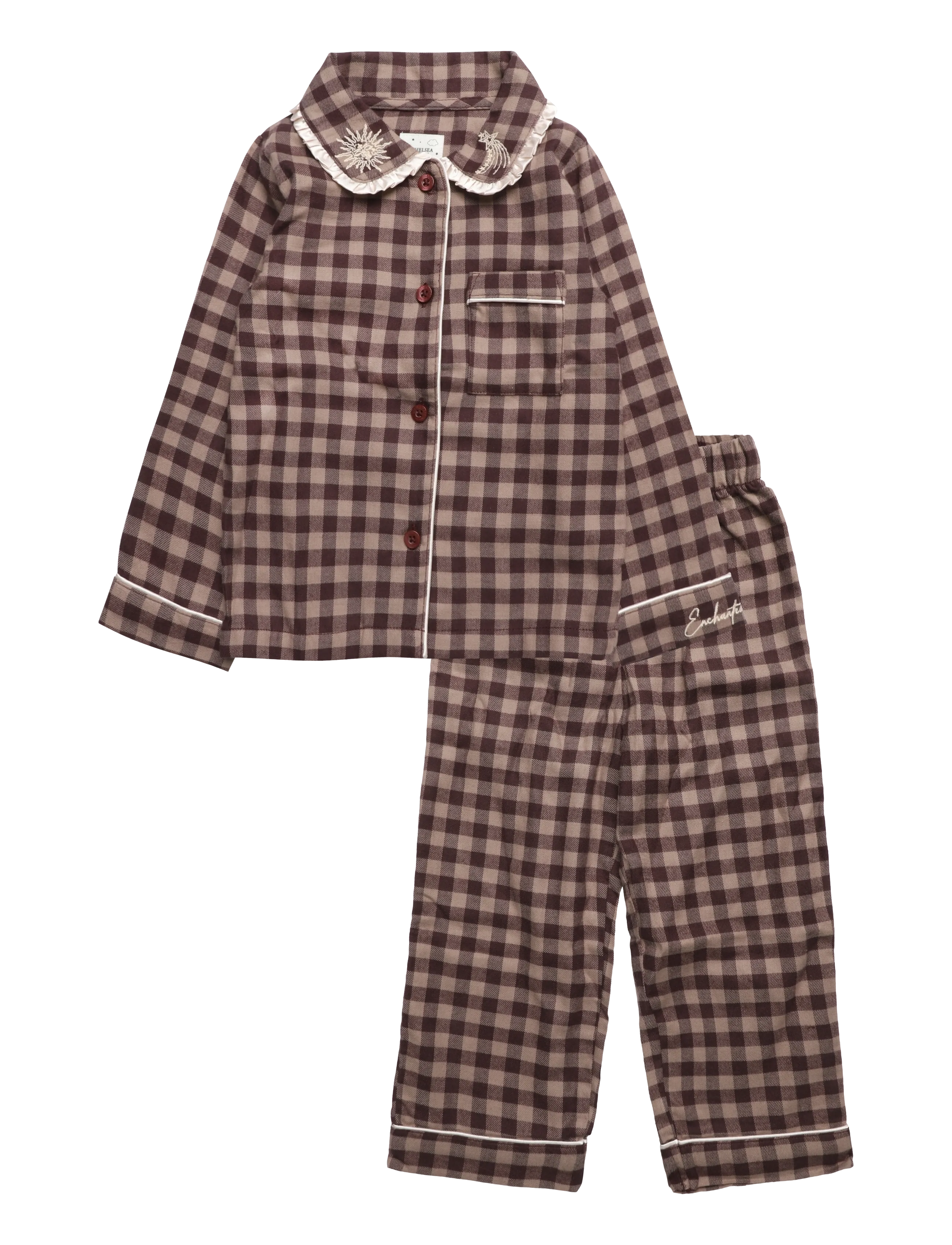 Chelsea Peers Kids Organic Cotton Embroidered Gingham Enchanted Dreams Long Pyjama Set - Teens 140-176 - BURGUNDY / brown