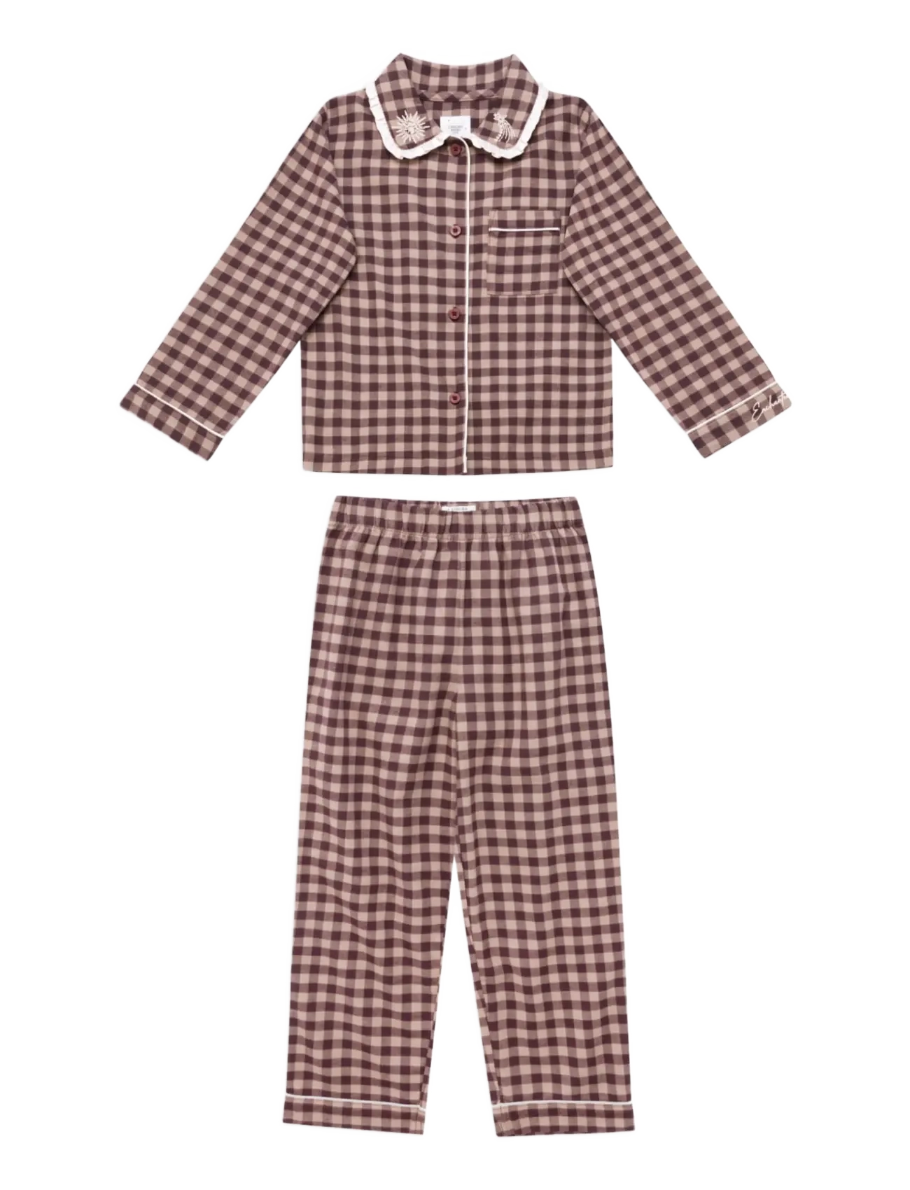 Chelsea Peers Kids Organic Cotton Embroidered Gingham Enchanted Dreams Long Pyjama Set - Komplektid - BURGUNDY / brown