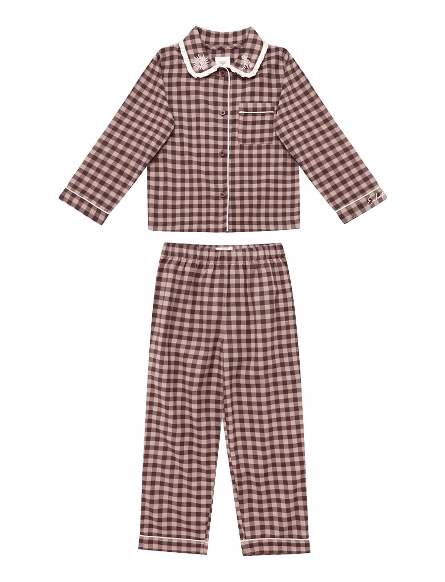 Chelsea Peers - Kids Organic Cotton Embroidered Gingham Enchanted Dreams Long Pyjama Set - komplektid - burgundy - 1
