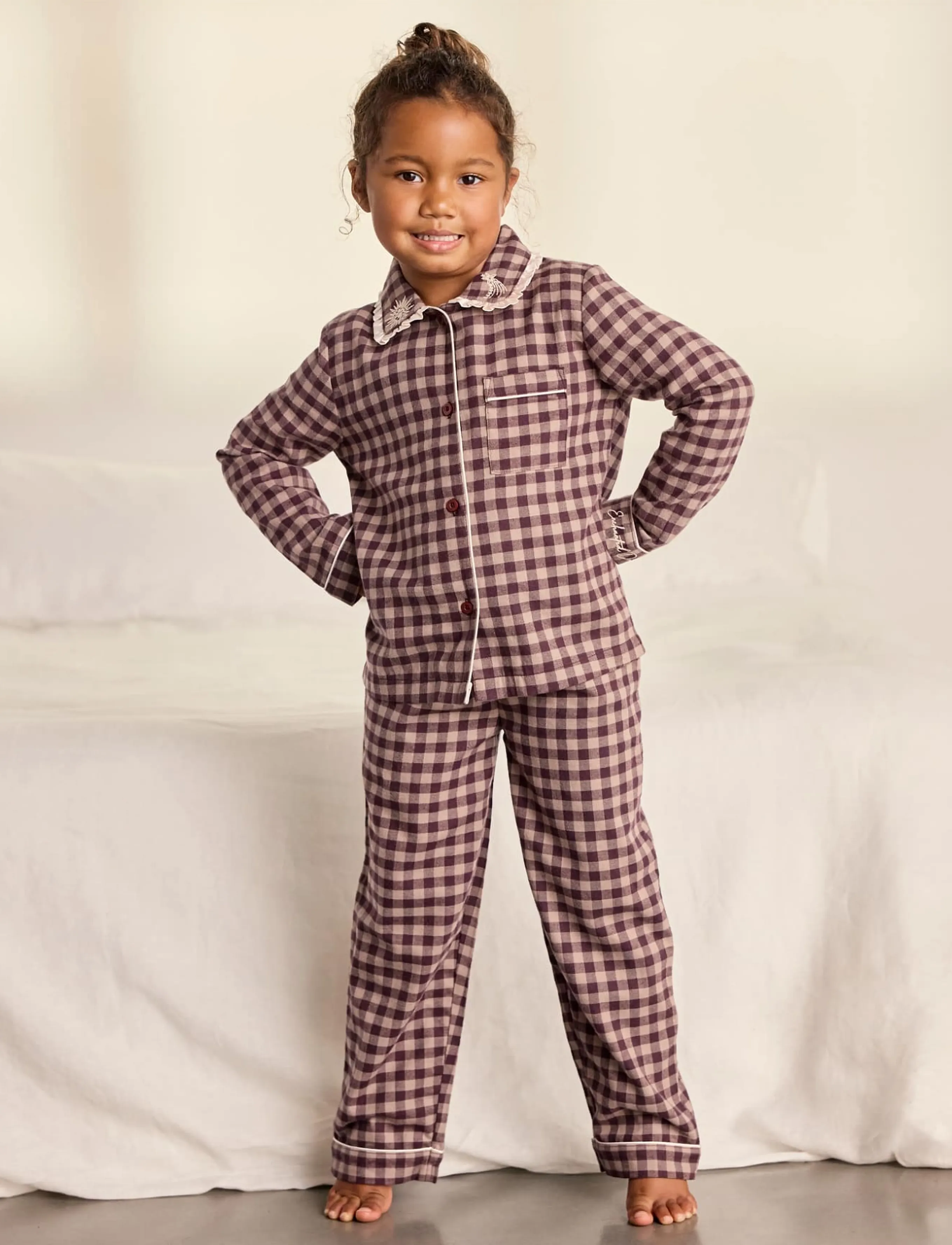 Chelsea Peers - Kids Organic Cotton Embroidered Gingham Enchanted Dreams Long Pyjama Set - komplektid - burgundy - 0