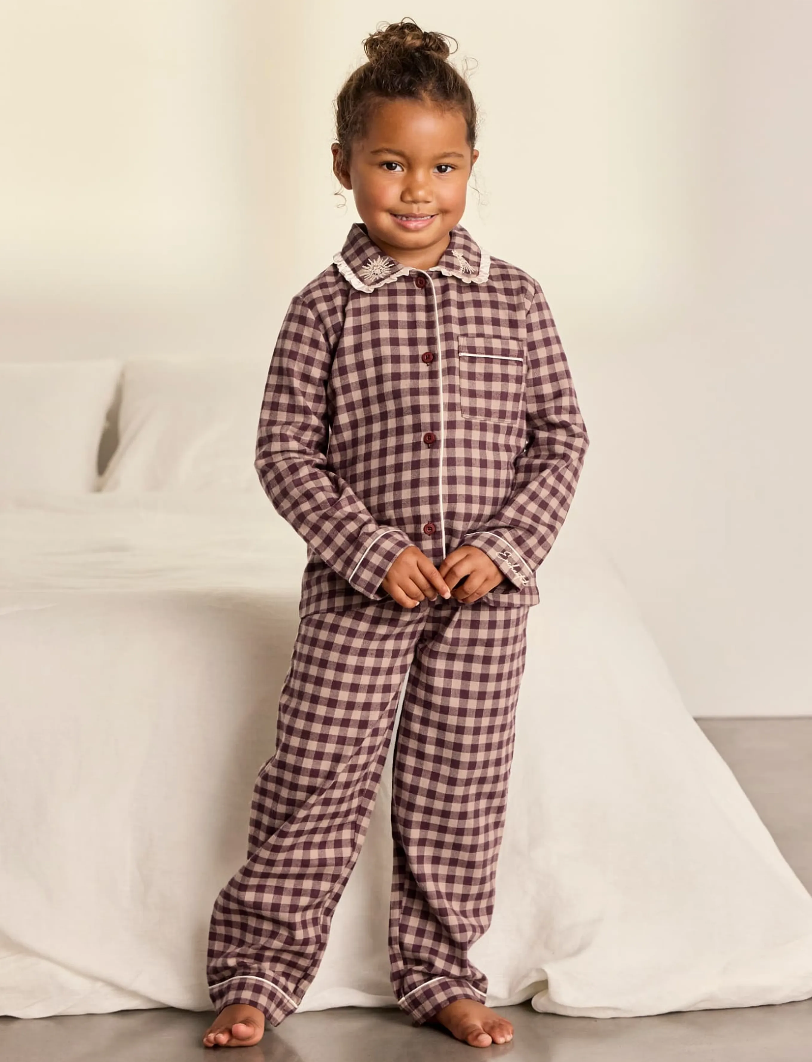 Chelsea Peers - Kids Organic Cotton Embroidered Gingham Enchanted Dreams Long Pyjama Set - komplektid - burgundy - 2
