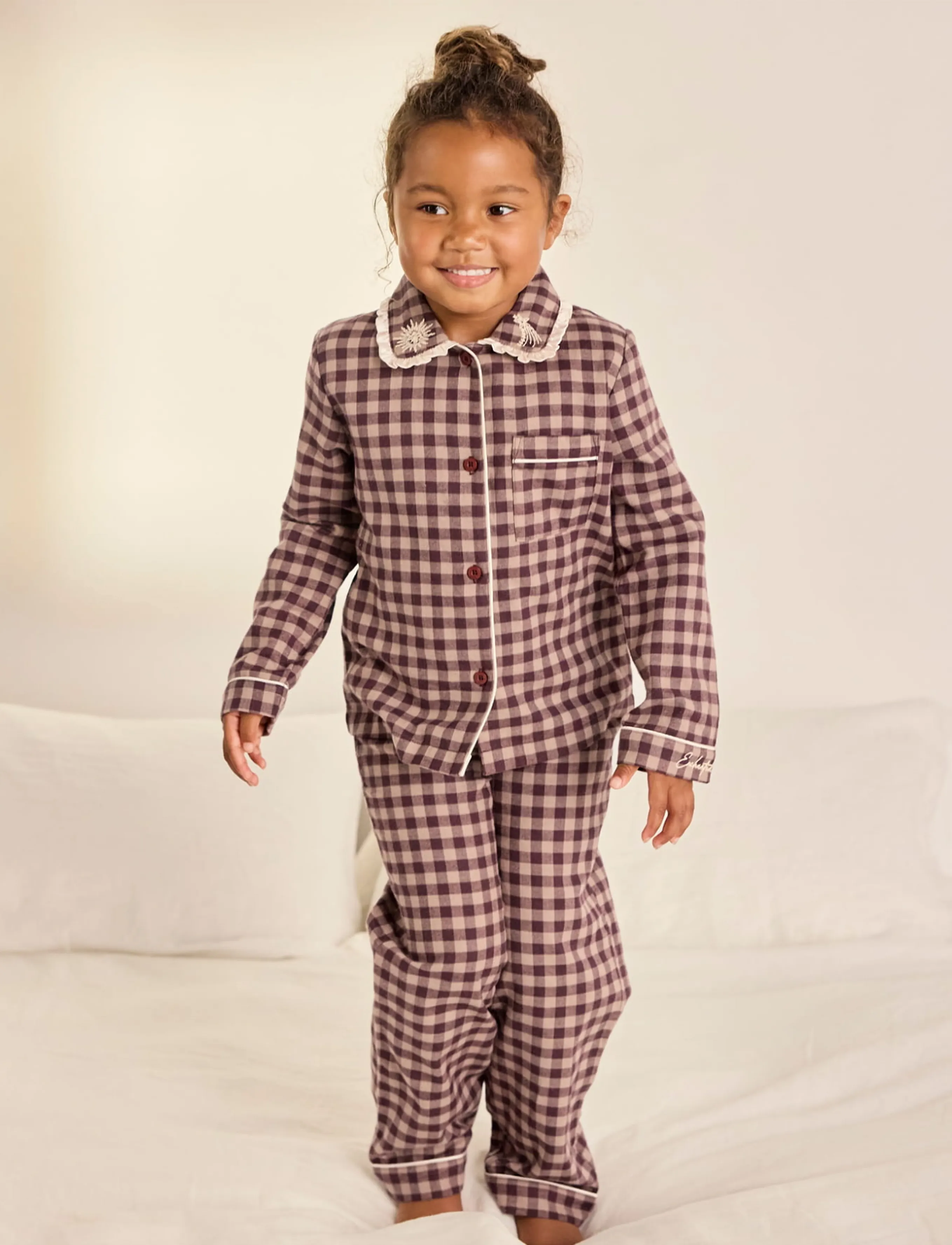 Chelsea Peers - Kids Organic Cotton Embroidered Gingham Enchanted Dreams Long Pyjama Set - komplektid - burgundy - 3