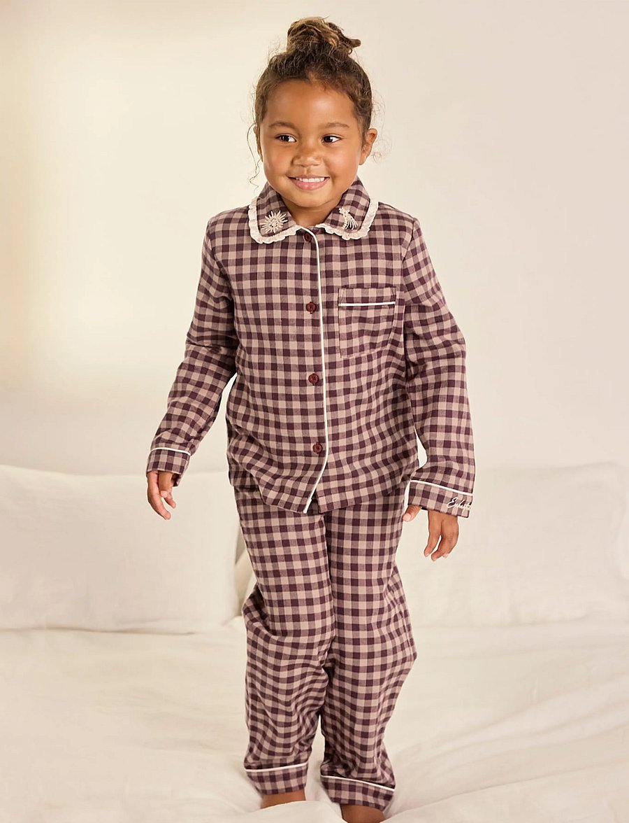 Chelsea Peers - Kids Organic Cotton Embroidered Gingham Enchanted Dreams Long Pyjama Set - komplektid - burgundy - 3
