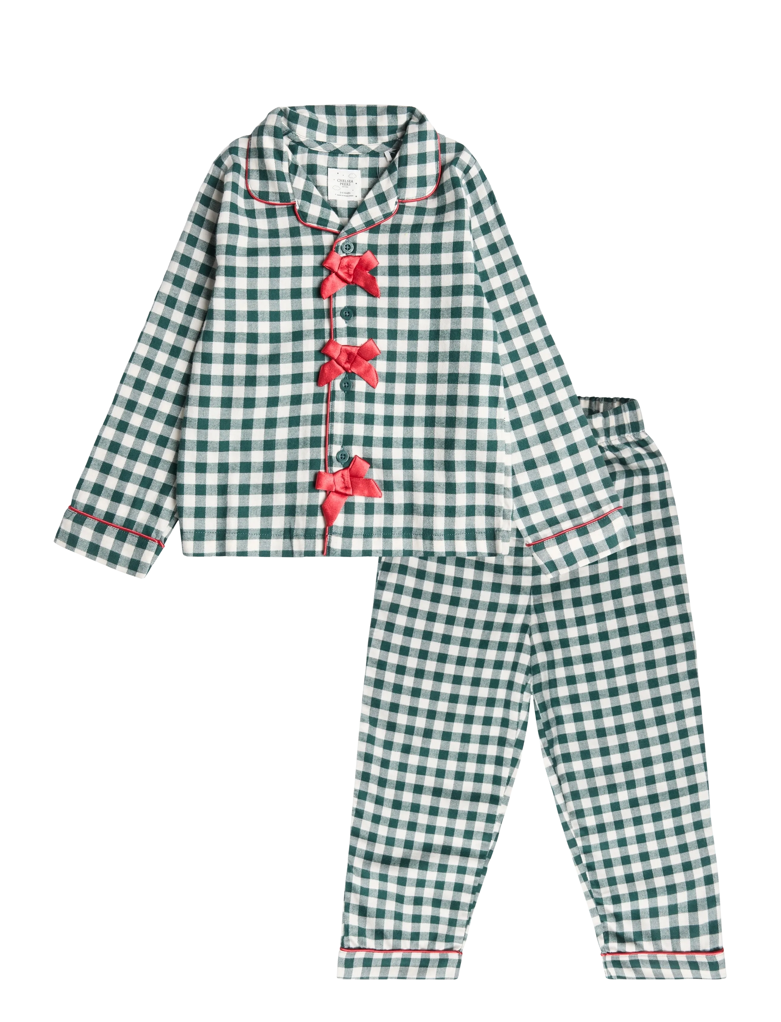 Chelsea Peers - Kids' Green Gingham Bow Long Pyjama Set - green - 0