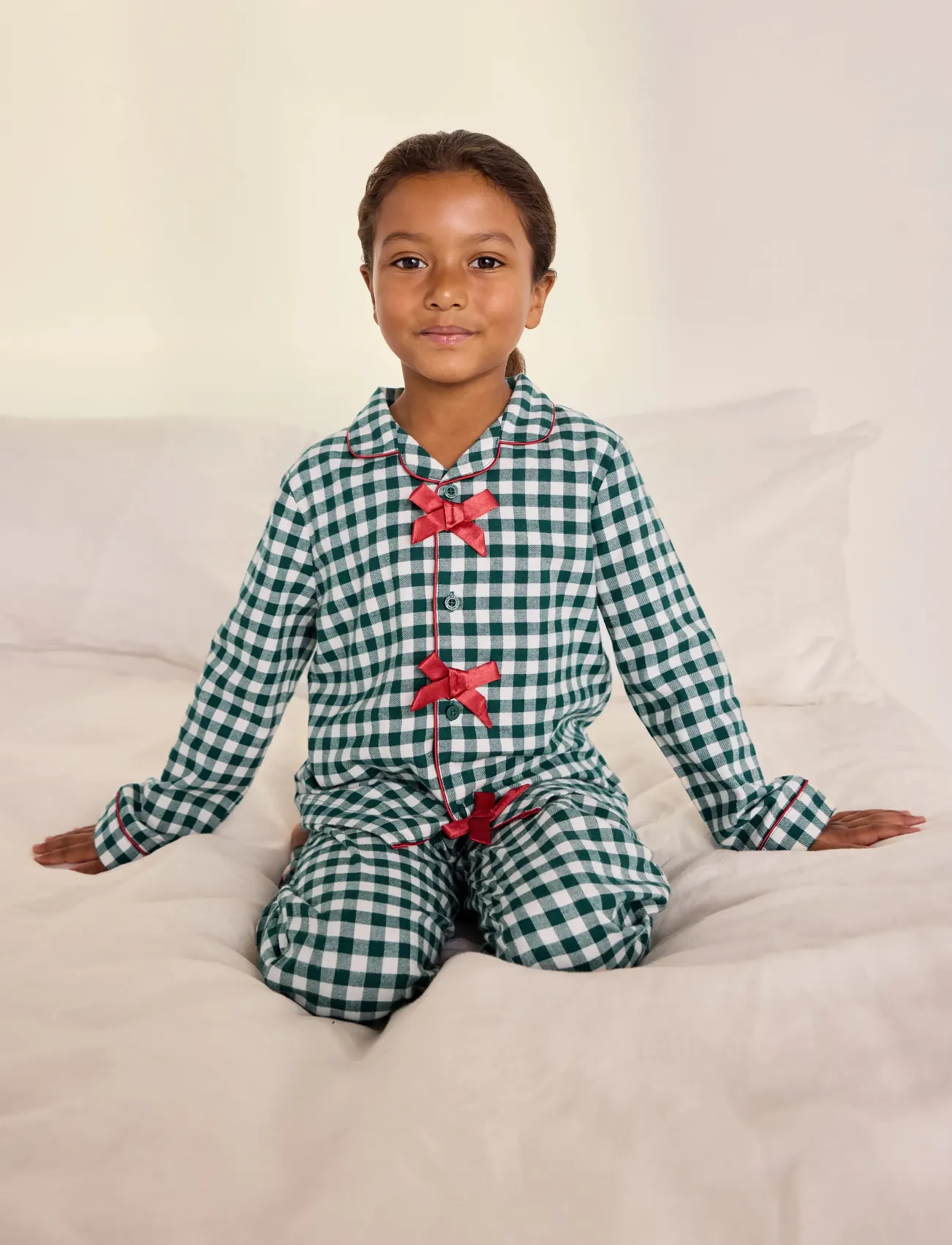 Chelsea Peers Kids' Green Gingham Bow Long Pyjama Set - Kleidung - GREEN / green