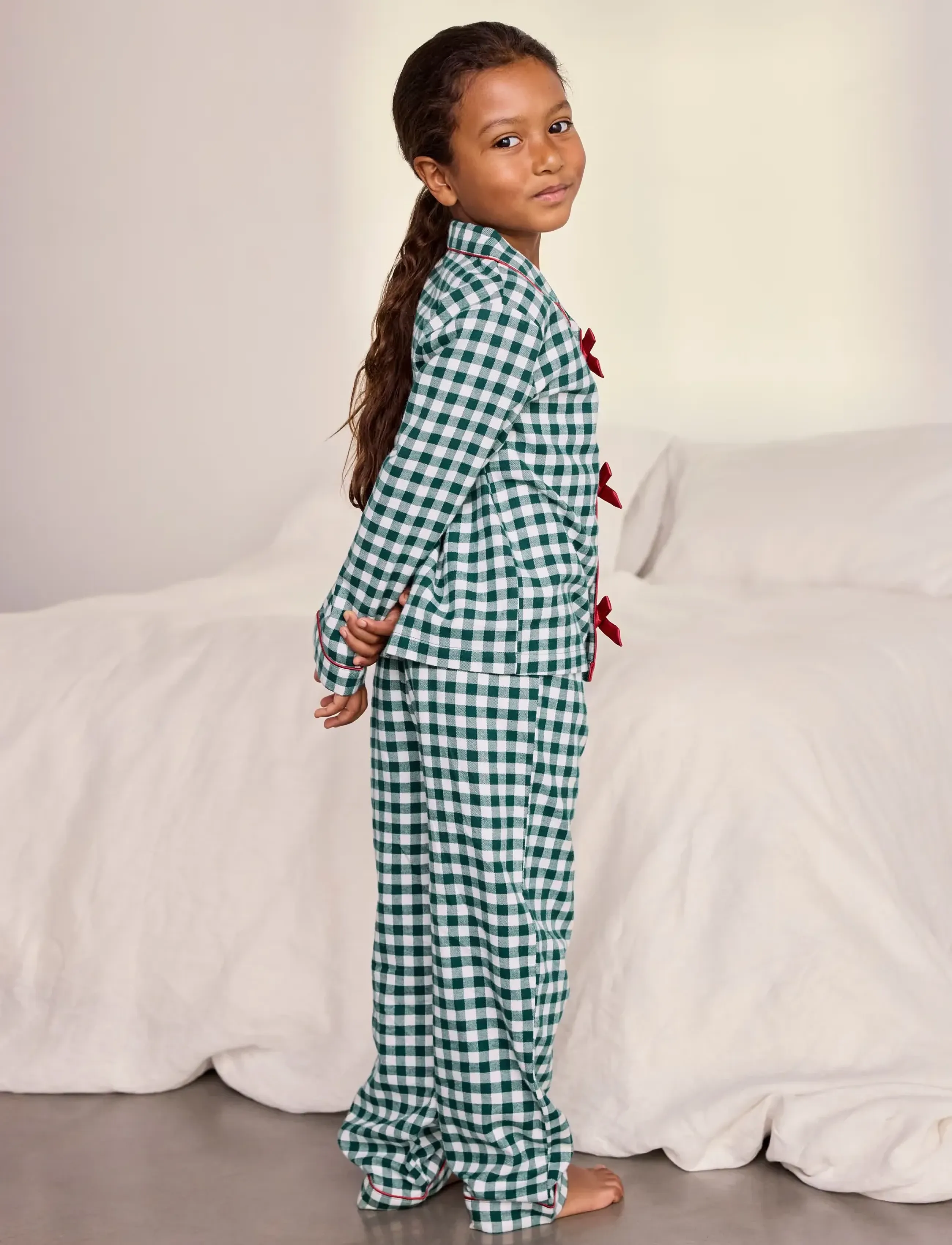 Chelsea Peers - Kids' Green Gingham Bow Long Pyjama Set - pyjama-sets - green - 3