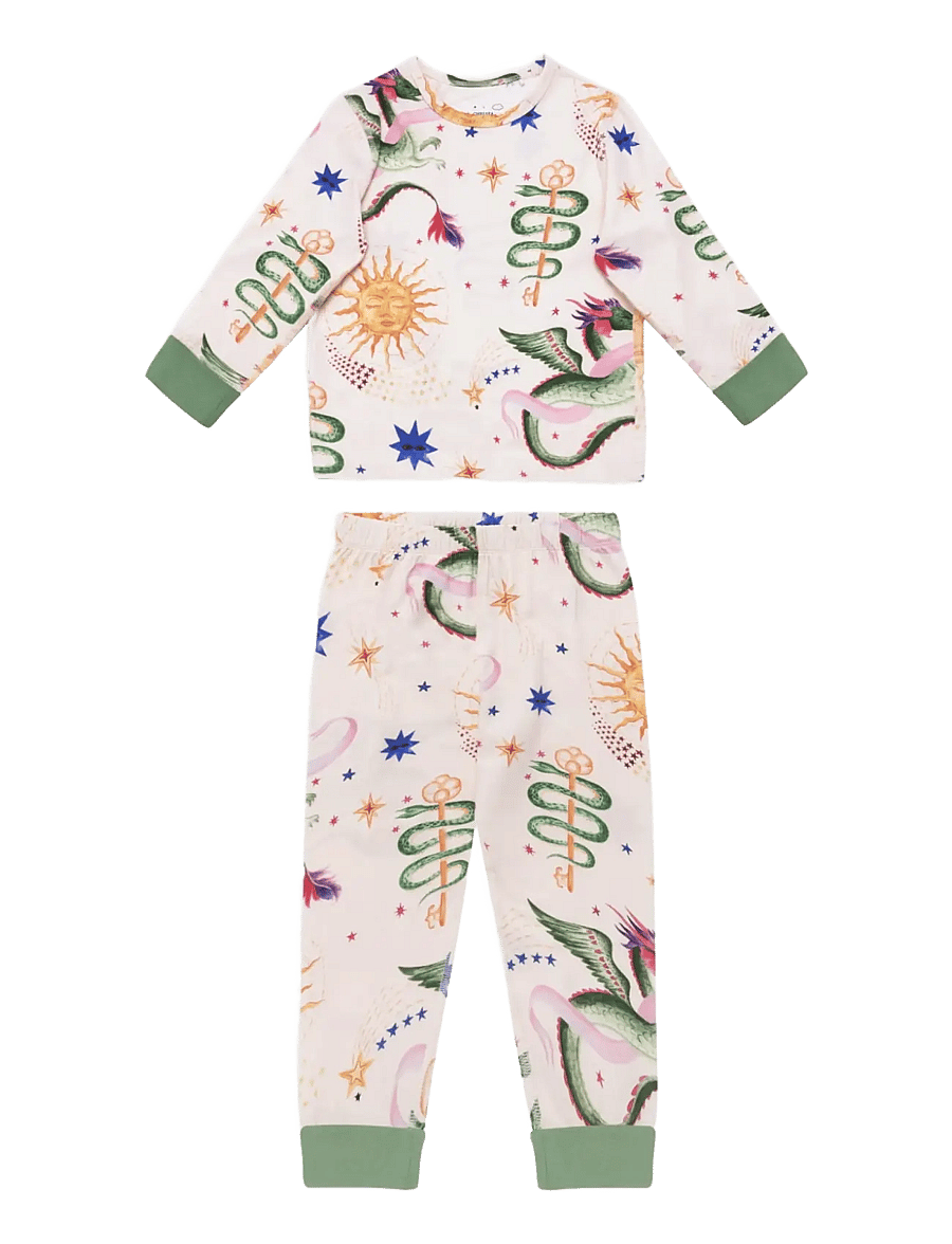 Chelsea Peers - Kids Organic Cotton Mythical Dragon Print Long Pyjama Set - komplektid - off white - 1