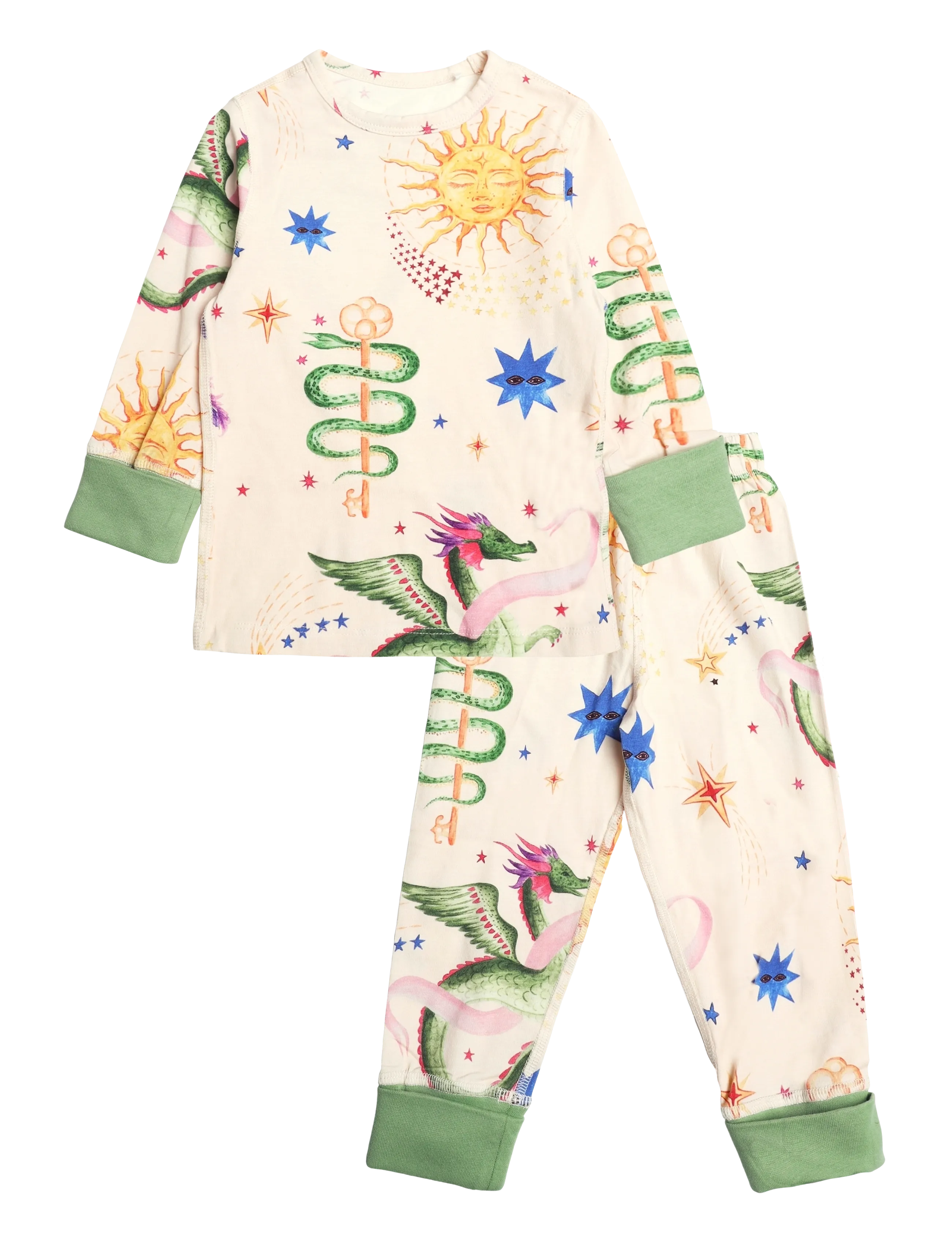 Chelsea Peers Kids Organic Cotton Mythical Dragon Print Long Pyjama Set - Pyjama-Sets - OFF WHITE / cream