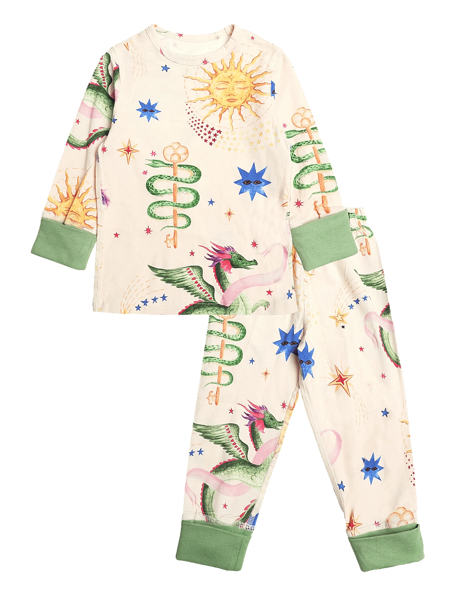 Chelsea Peers - Kids Organic Cotton Mythical Dragon Print Long Pyjama Set - pyjama-sets - off white - 1